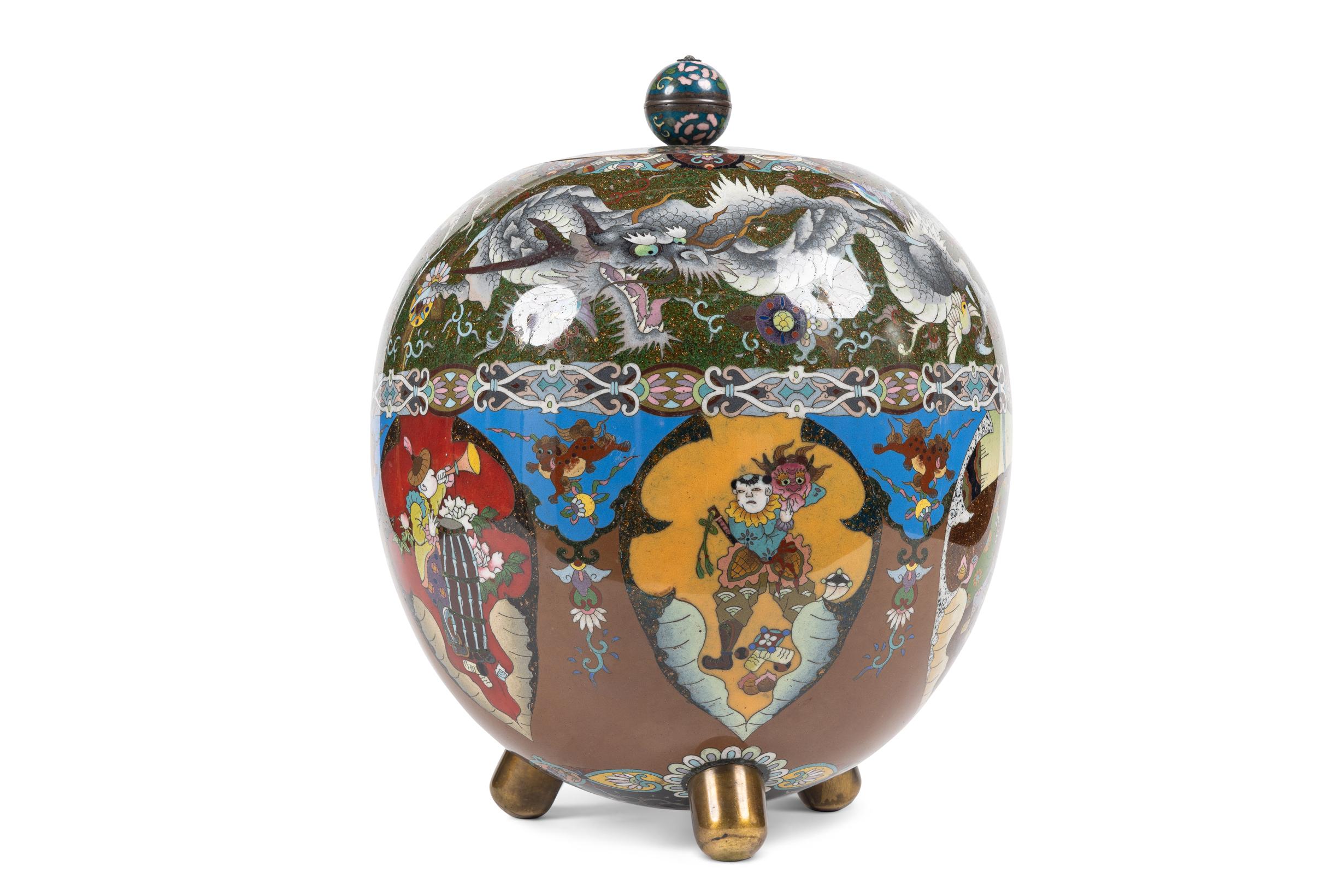  A Majestic and Large Japanese Meiji Cloisonné Enamel Covered Jar with Dragons, Mythological Creatures, and Theater Characters.

Presenting a truly majestic and captivating piece, behold the large Japanese Meiji Cloisonné Covered Jar adorned with