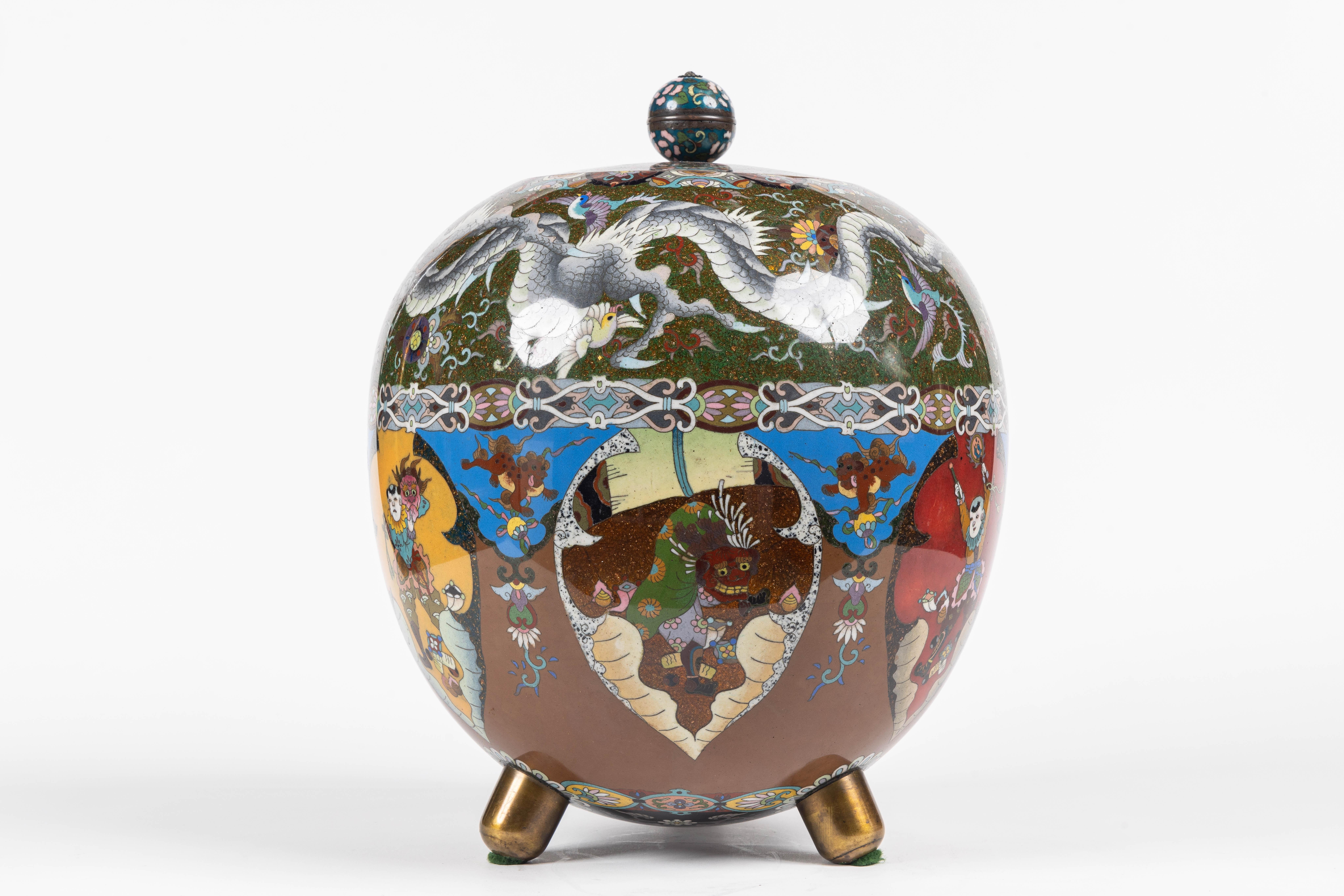 Meiji Majestic Japanese Cloisonne Enamel Covered Jar with Dragons, Theater Characters  For Sale