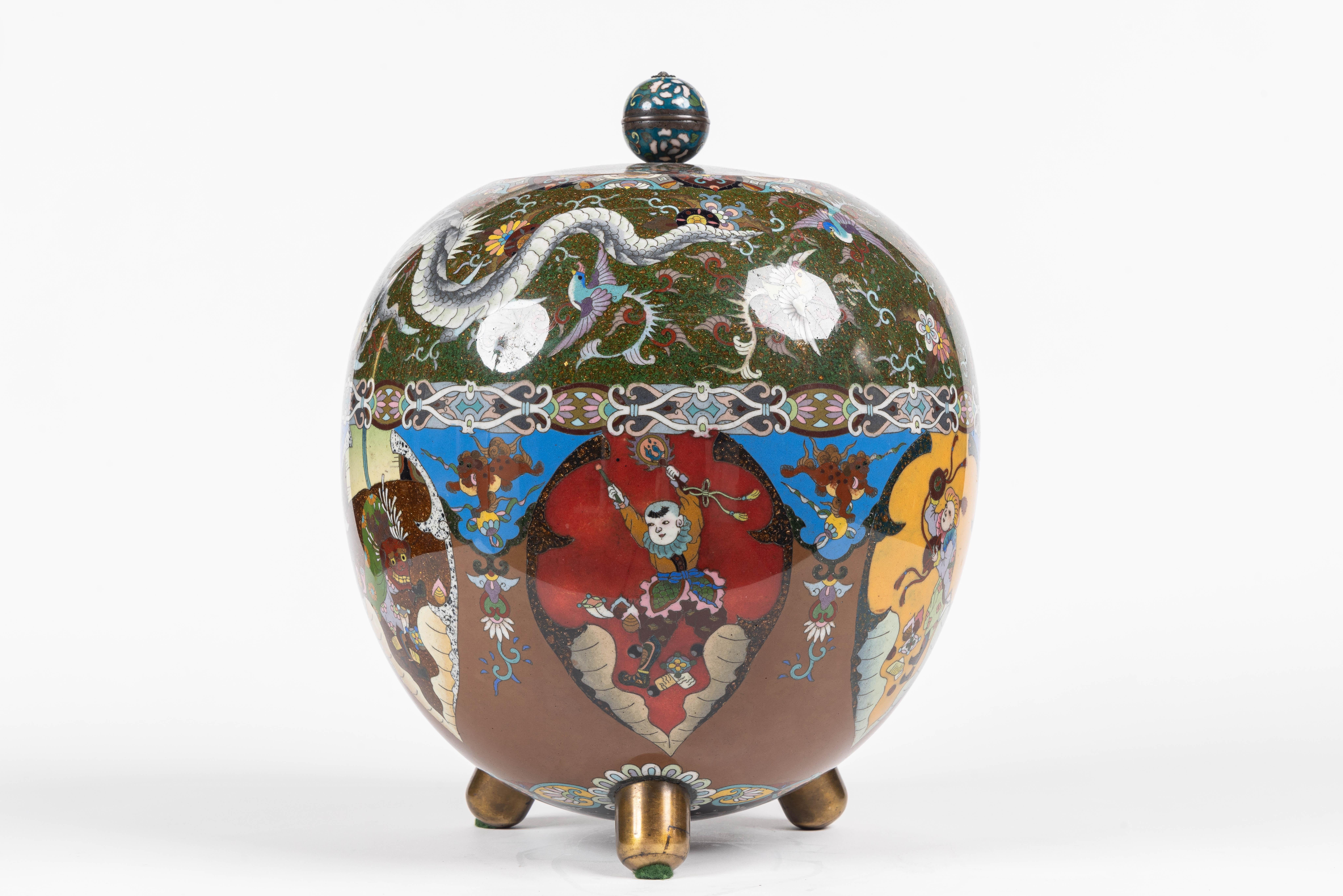 Majestic Japanese Cloisonne Enamel Covered Jar with Dragons, Theater Characters  In Good Condition For Sale In New York, NY