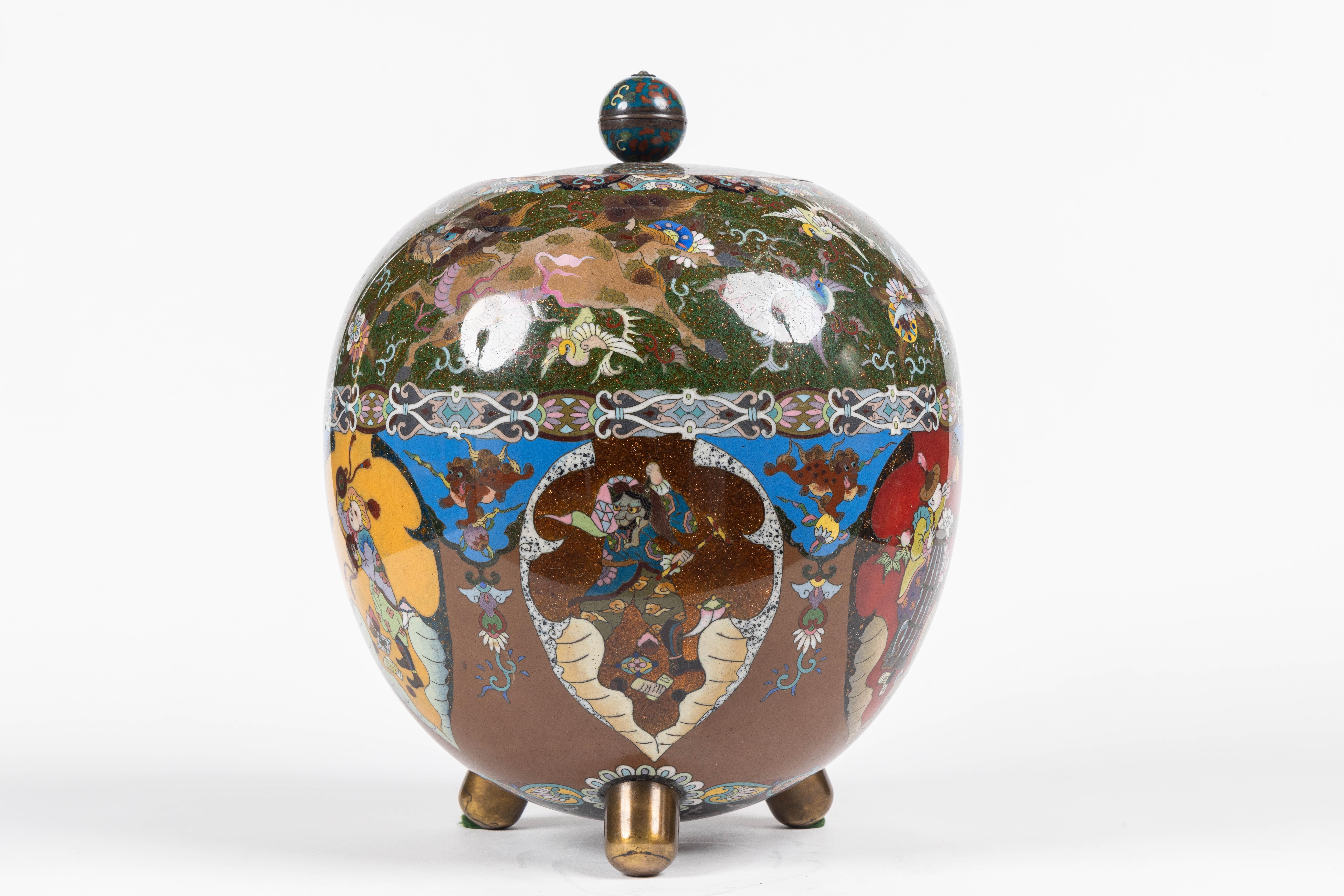 19th Century Majestic Japanese Cloisonne Enamel Covered Jar with Dragons, Theater Characters  For Sale
