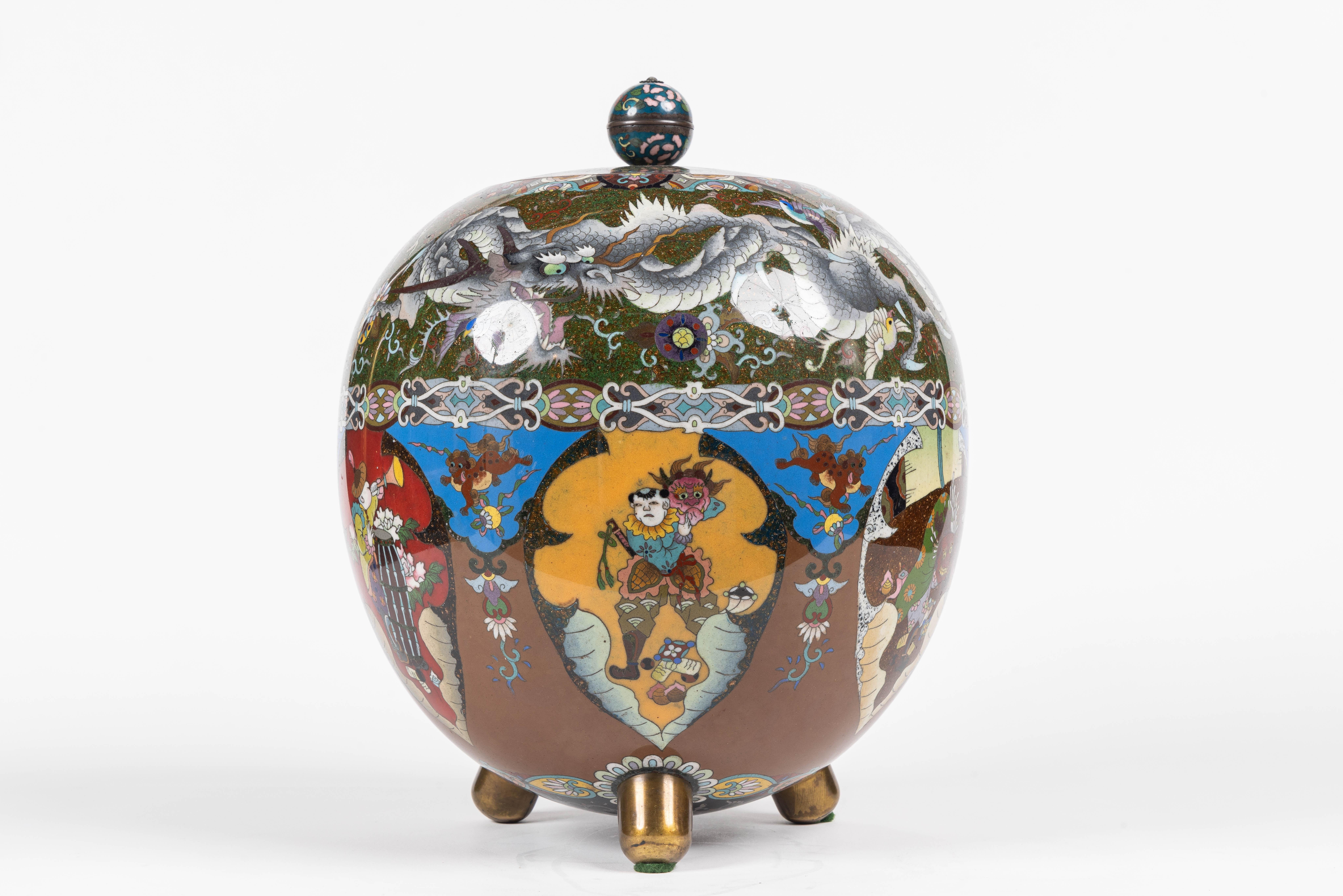 Majestic Japanese Cloisonne Enamel Covered Jar with Dragons, Theater Characters  For Sale 1