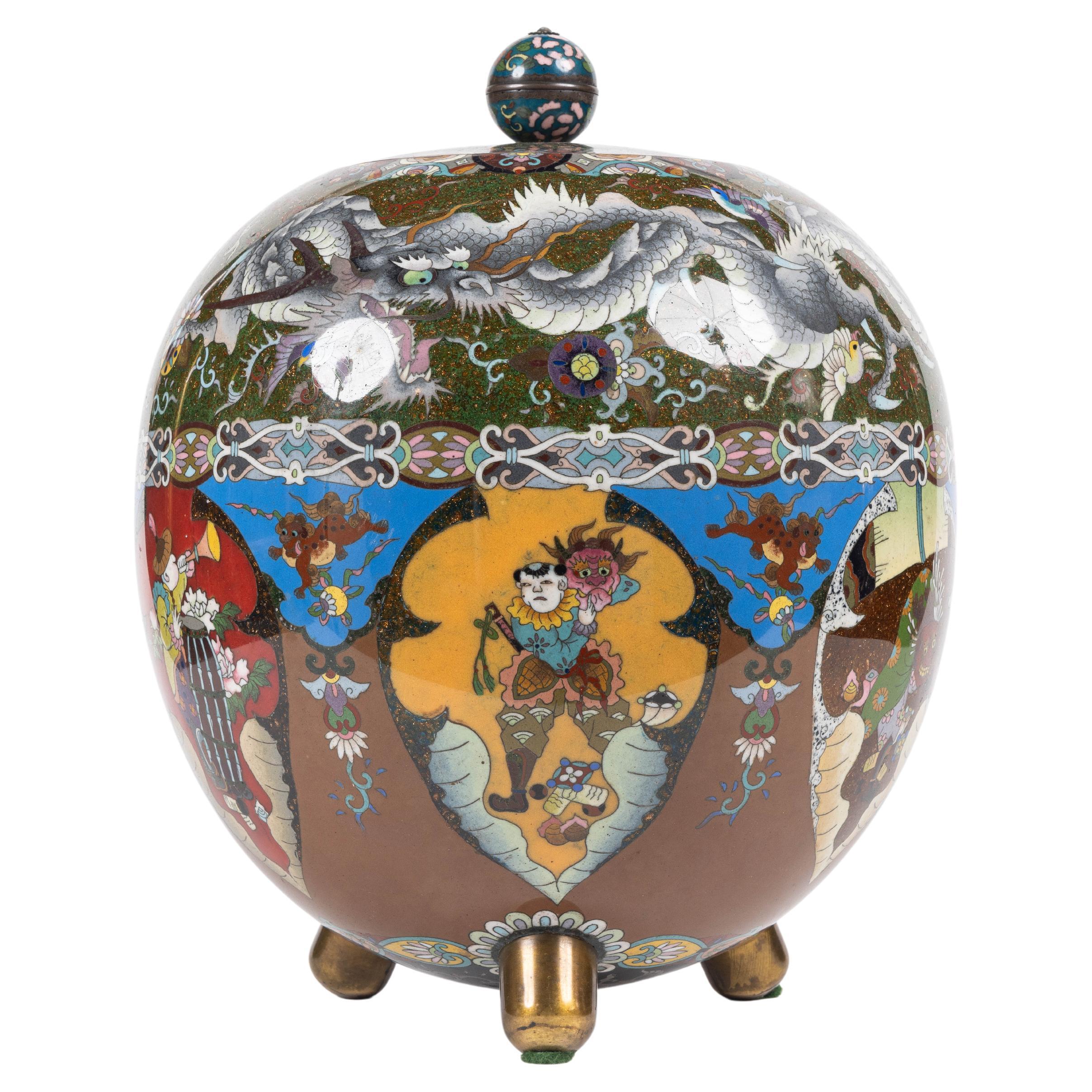 Majestic Japanese Cloisonne Enamel Covered Jar with Dragons, Theater Characters  For Sale