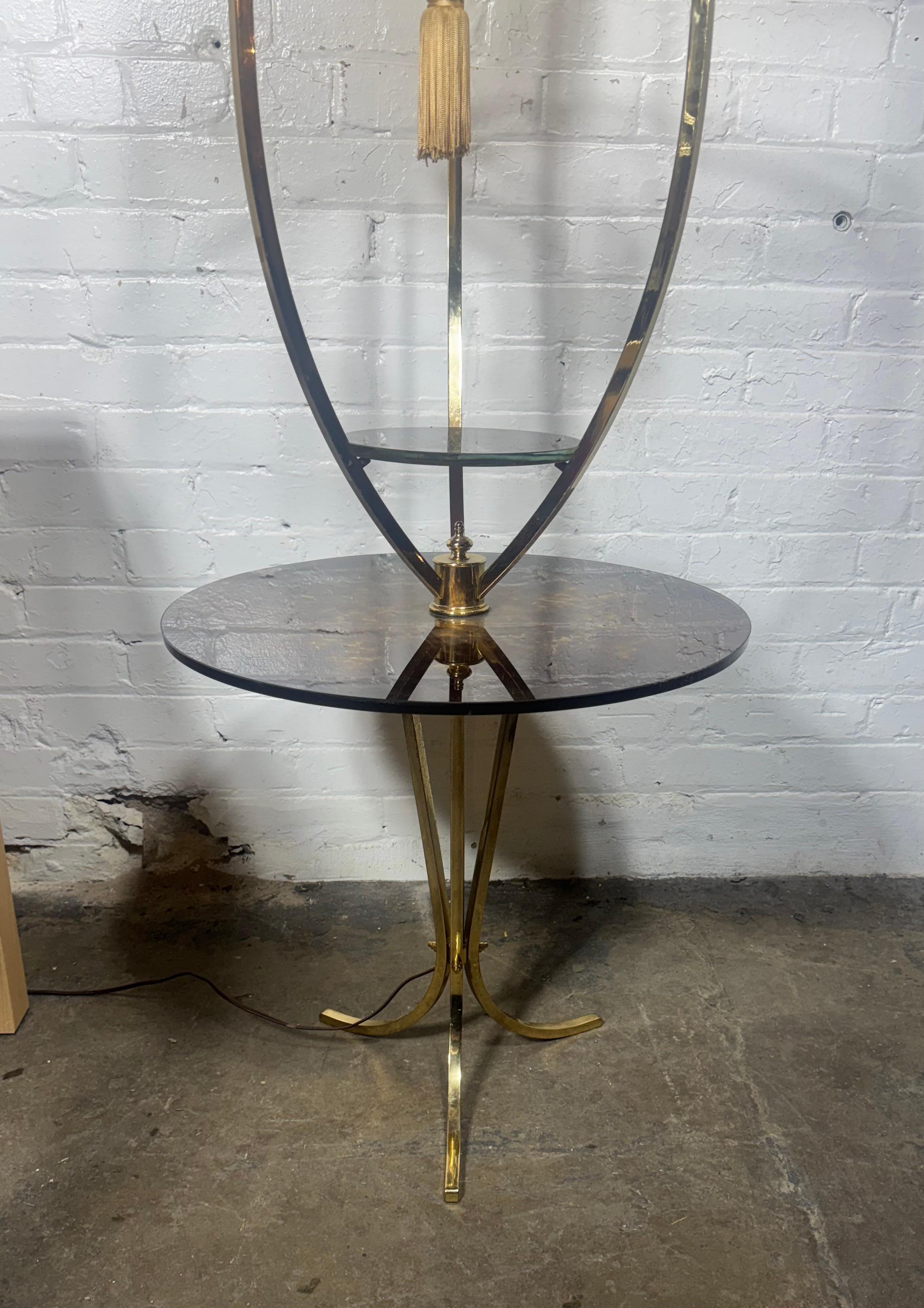 Majestic Lamp Co. Brass & reverse painted glass lamp tripod table (over 6