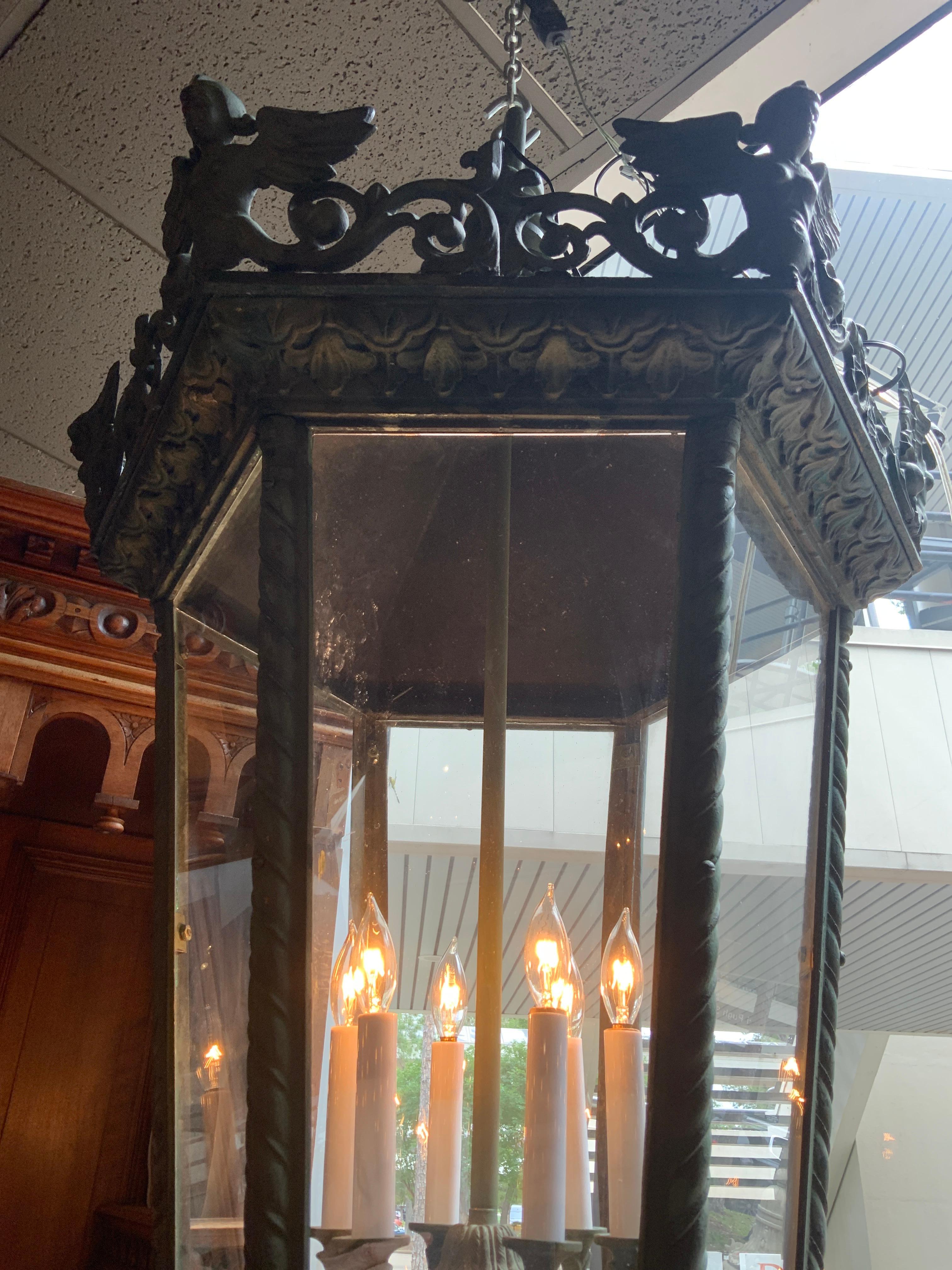 20th Century Majestic large bronze lantern with six lights For Sale