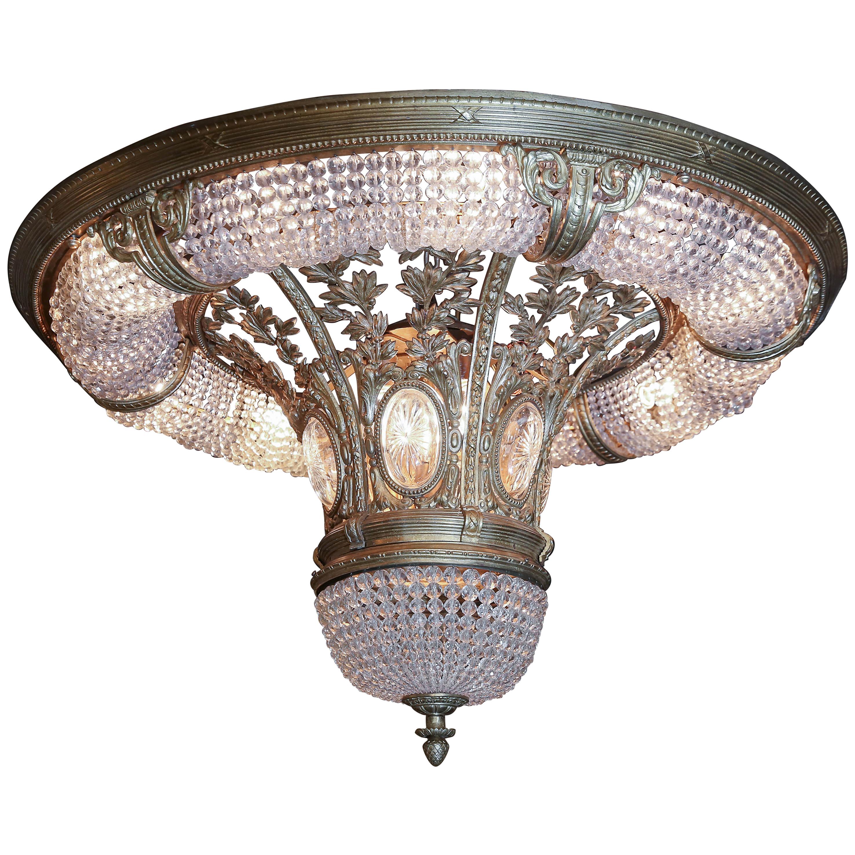 Majestic Large French Cast Bronze and Crystal Flush Mount Chandelier with Beads