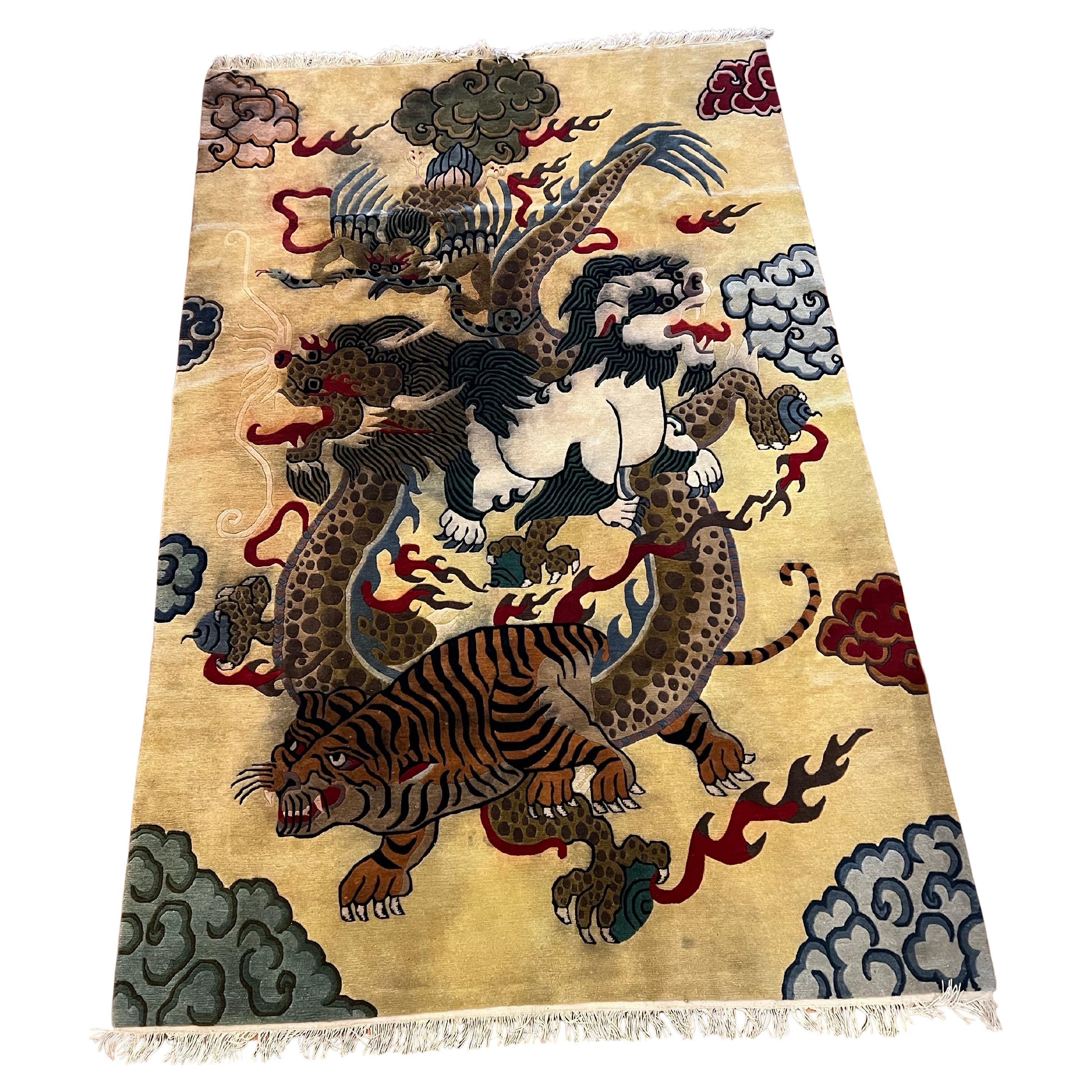 Majestic large hand woven wool rug circa 1970's beautiful colors work and design , some stains and bleeding color as shown it can be cleaned we can sell it as/is or cleaned if desired but we cant promise it will be perfect .