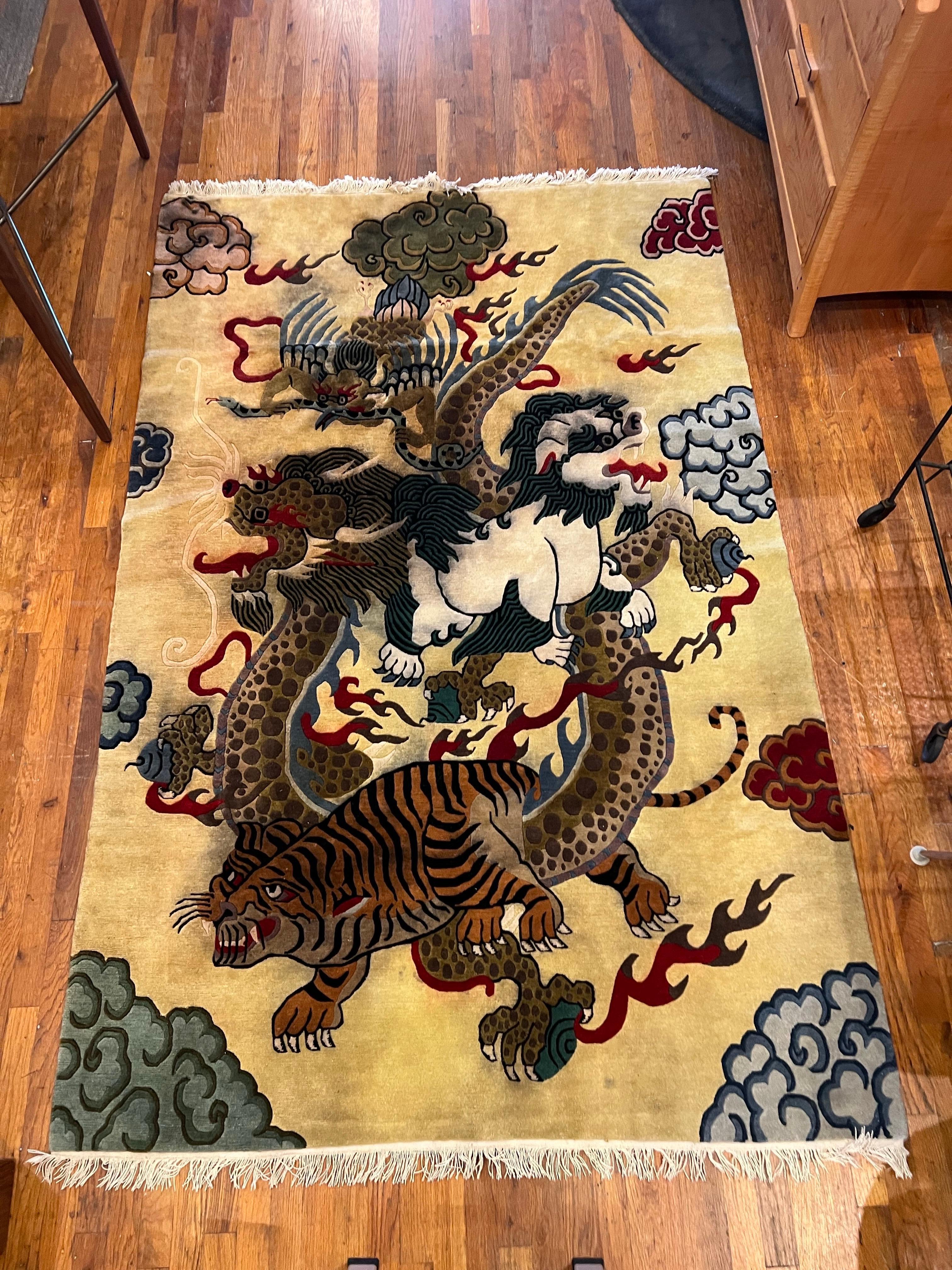 20th Century Majestic Large Hand Woven Tibetan wool Rug Tapestry Dragon Tiger & Foo Lion