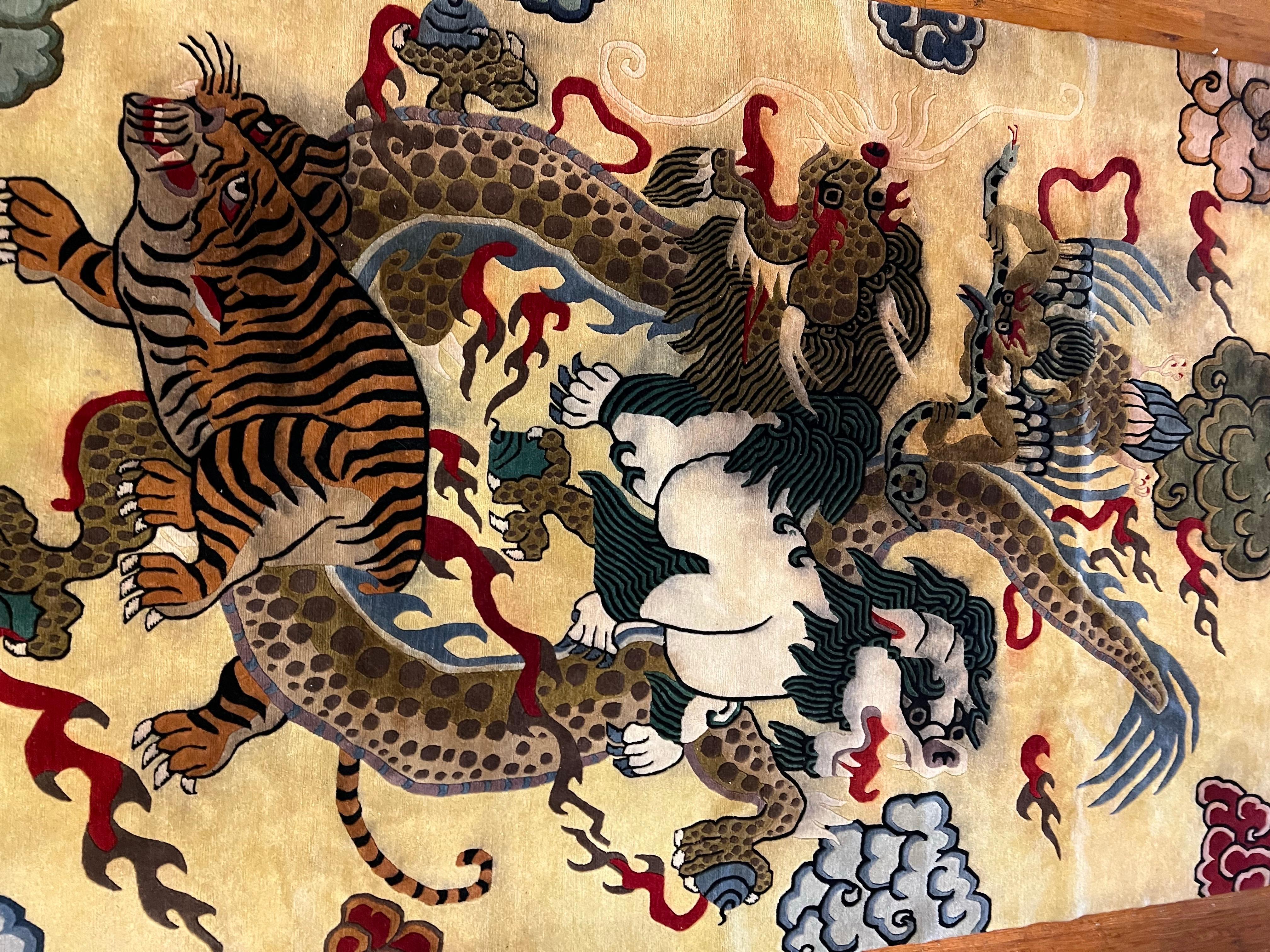 Wool Majestic Large Hand Woven Tibetan wool Rug Tapestry Dragon Tiger & Foo Lion
