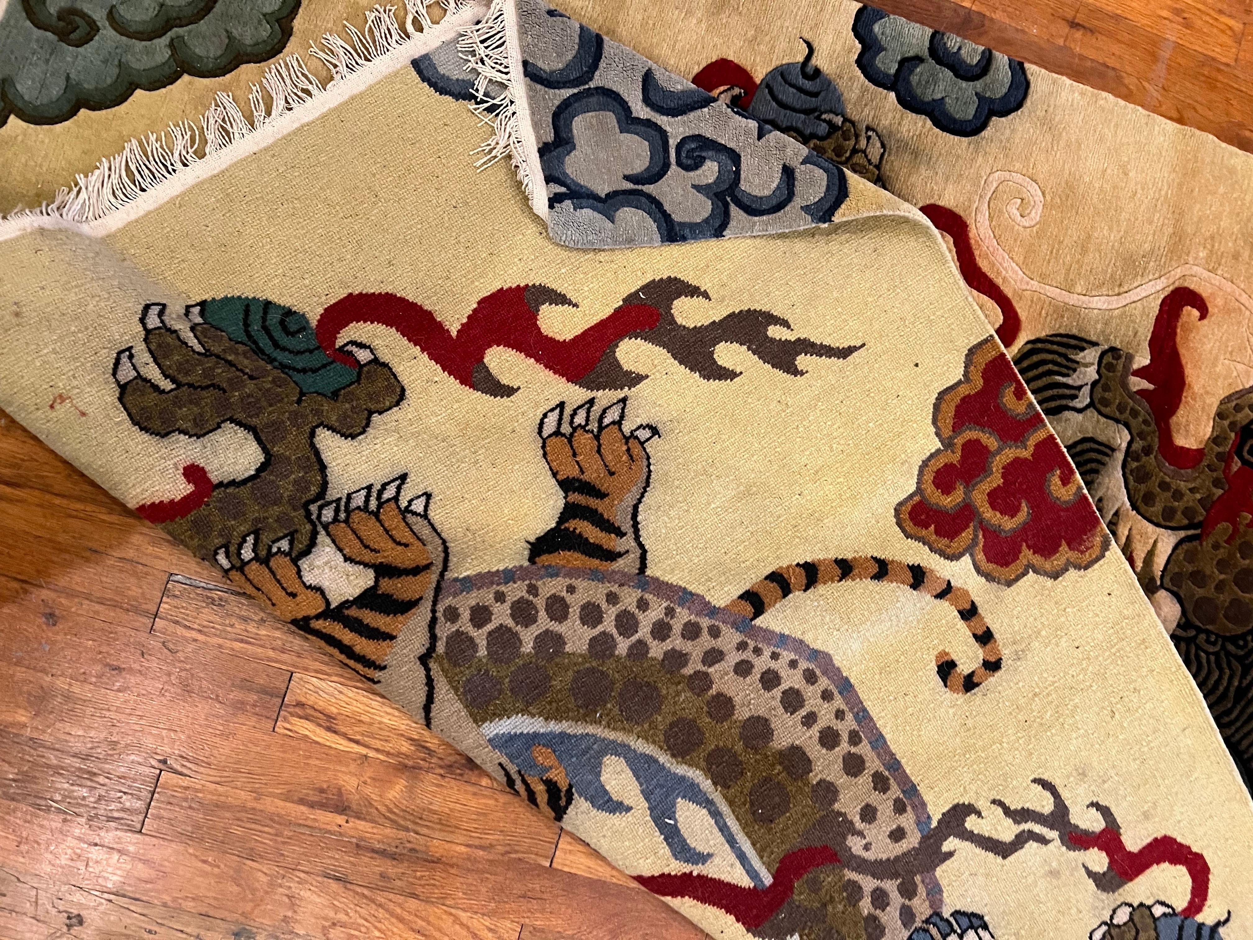 Majestic Large Hand Woven Tibetan wool Rug Tapestry Dragon Tiger & Foo Lion 1