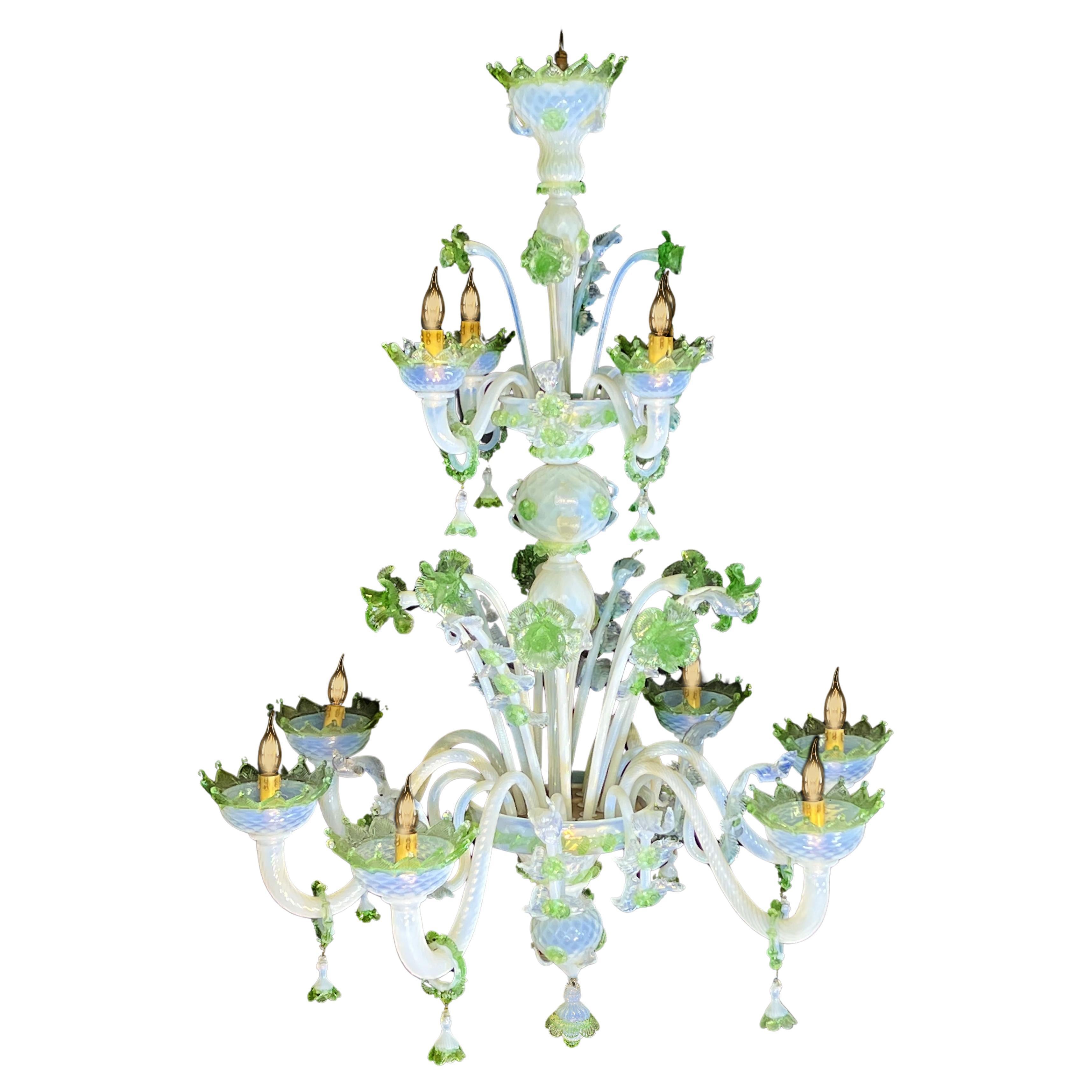 Majestic Light Blue and Green Venetian Chandelier, Murano, 1950s