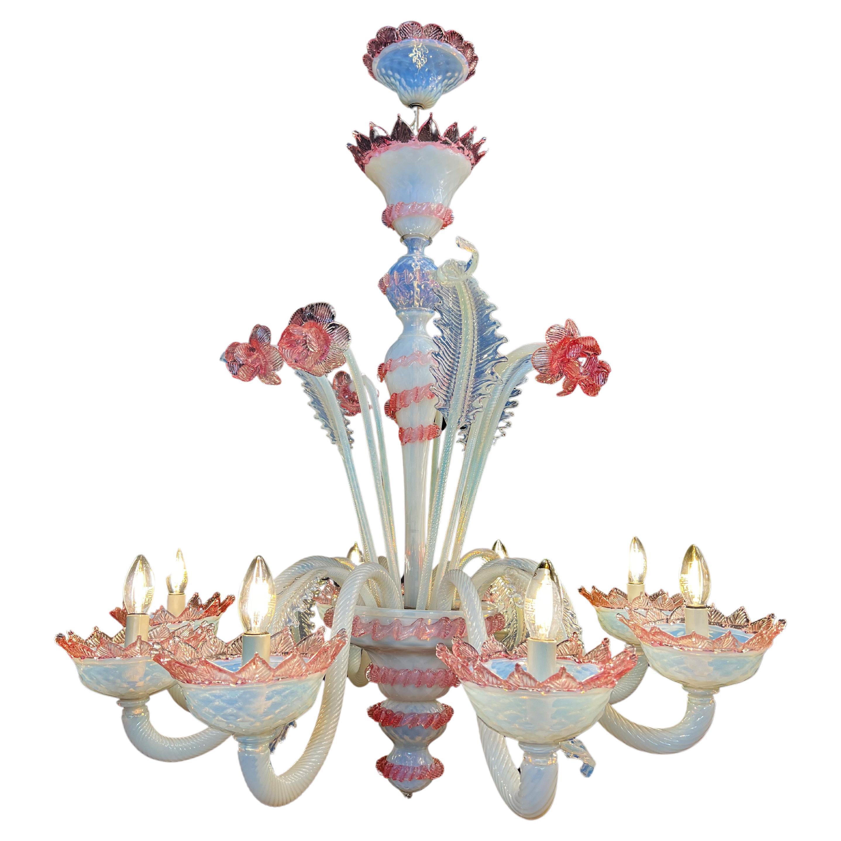 Majestic Light Blue and Pink Venetian Chandelier, Murano, 1950s For Sale