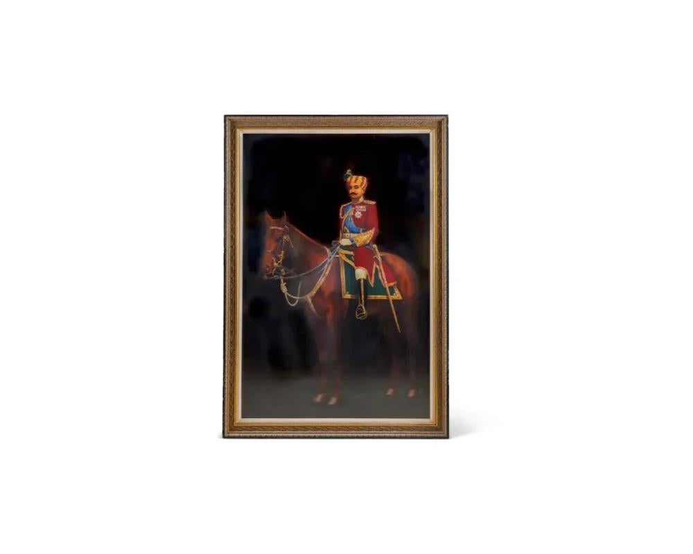 Majestic Royal Procession: A Monumental Oil on Canvas Painting of an Indian Maharaja in Regal Equestrian Splendor

This monumental oil on canvas painting captures the majestic essence of an Indian Maharaja, portrayed with an air of regal authority