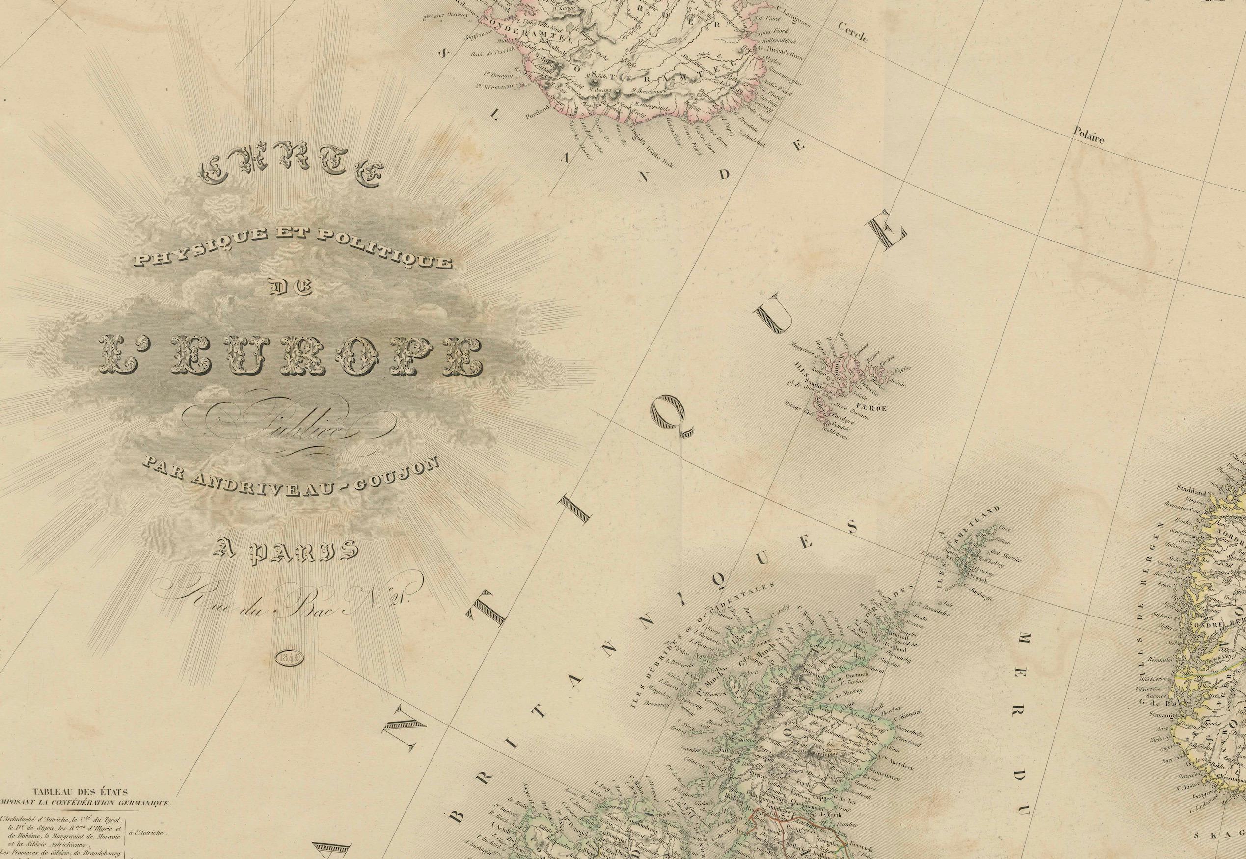 Majestic Carte d'Europe du 19ème siècle par Andriveau-Goujon - Vue continentale complète - Circa 1849  

Cette magnifique carte de l'Europe, intitulée 