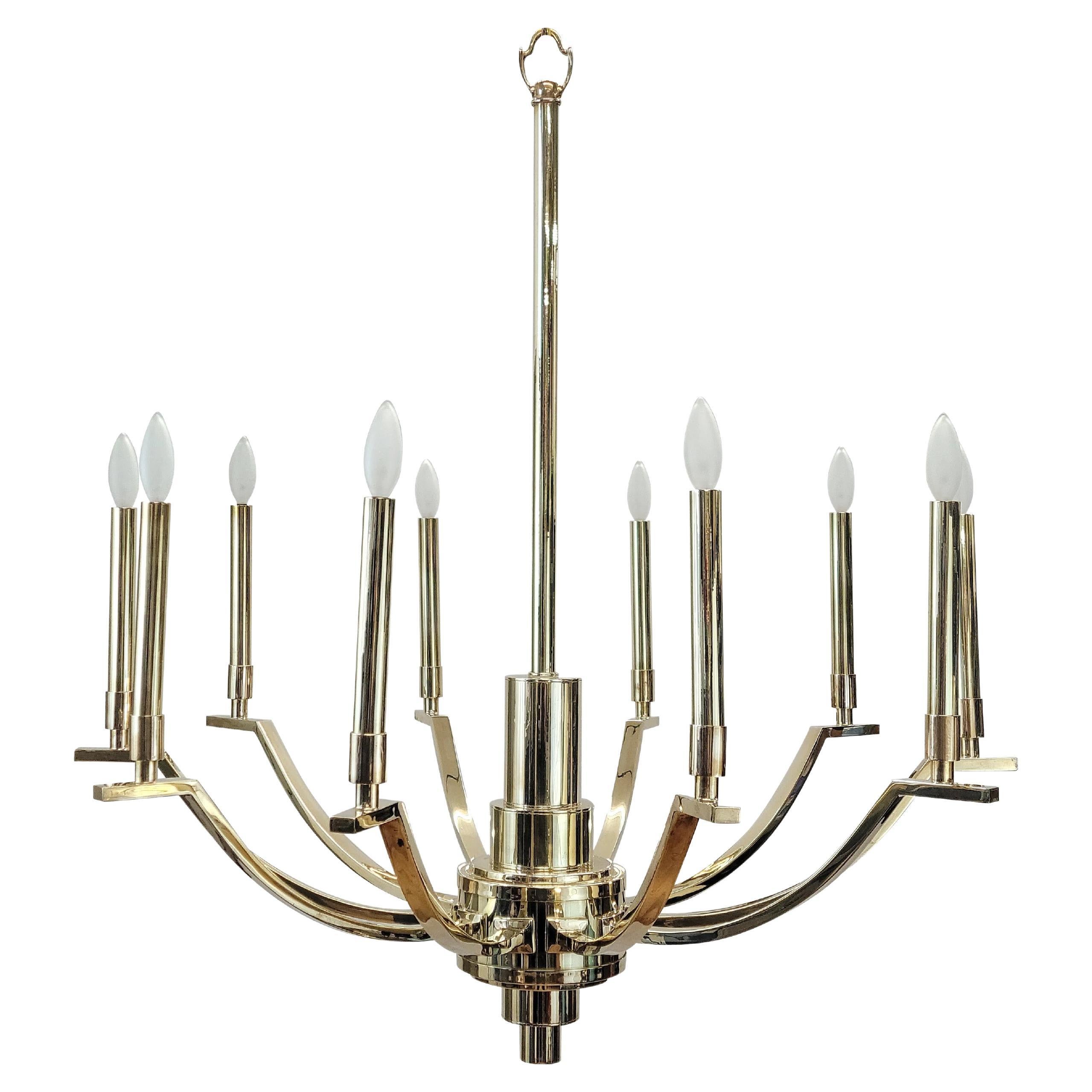 Majestic Mid-Century Modern Polished Brass Chandelier