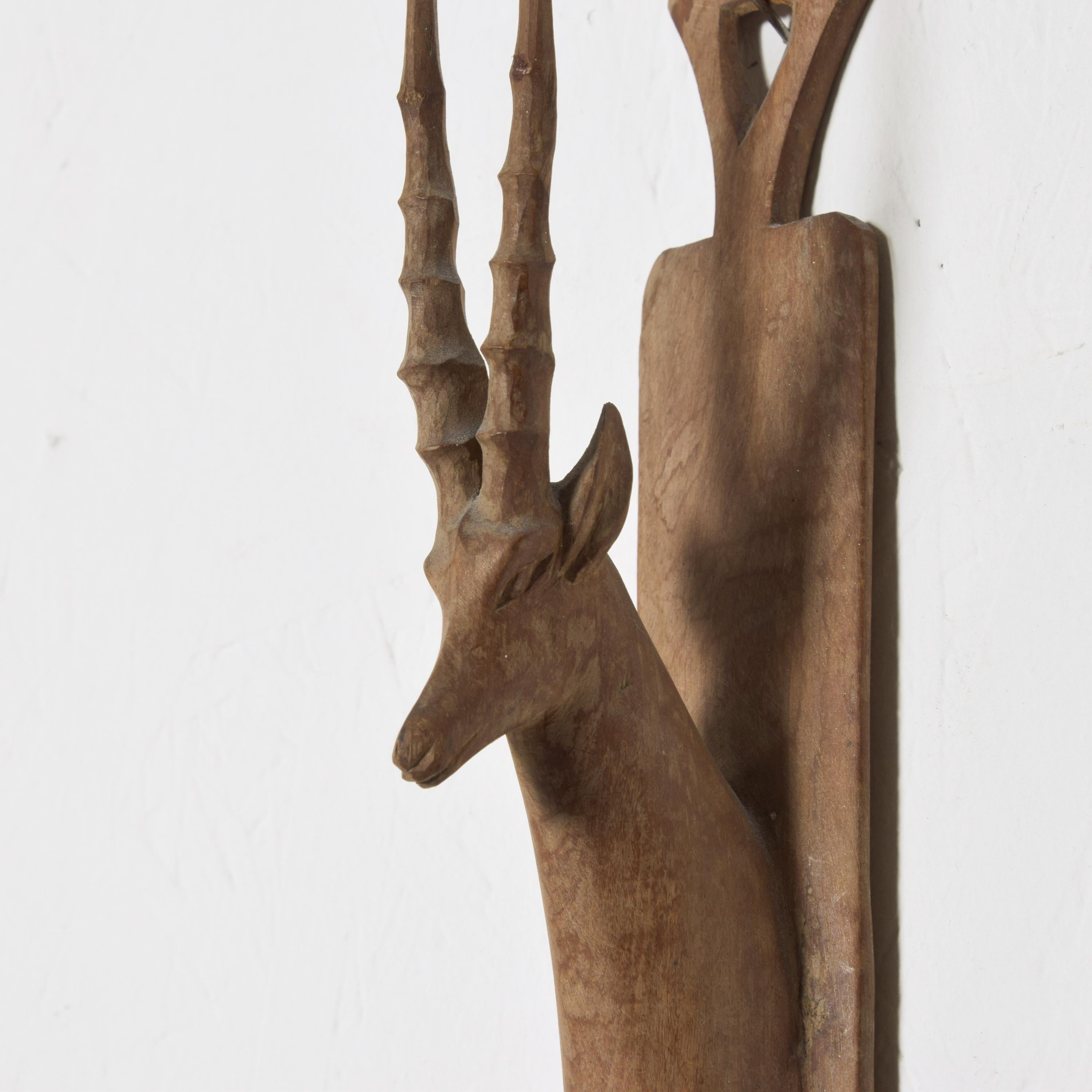 Mid-Century Modern Majestic Ibex Antler Hand Carved Solid Walnut Wood Sculpture Wall Art, 1970s