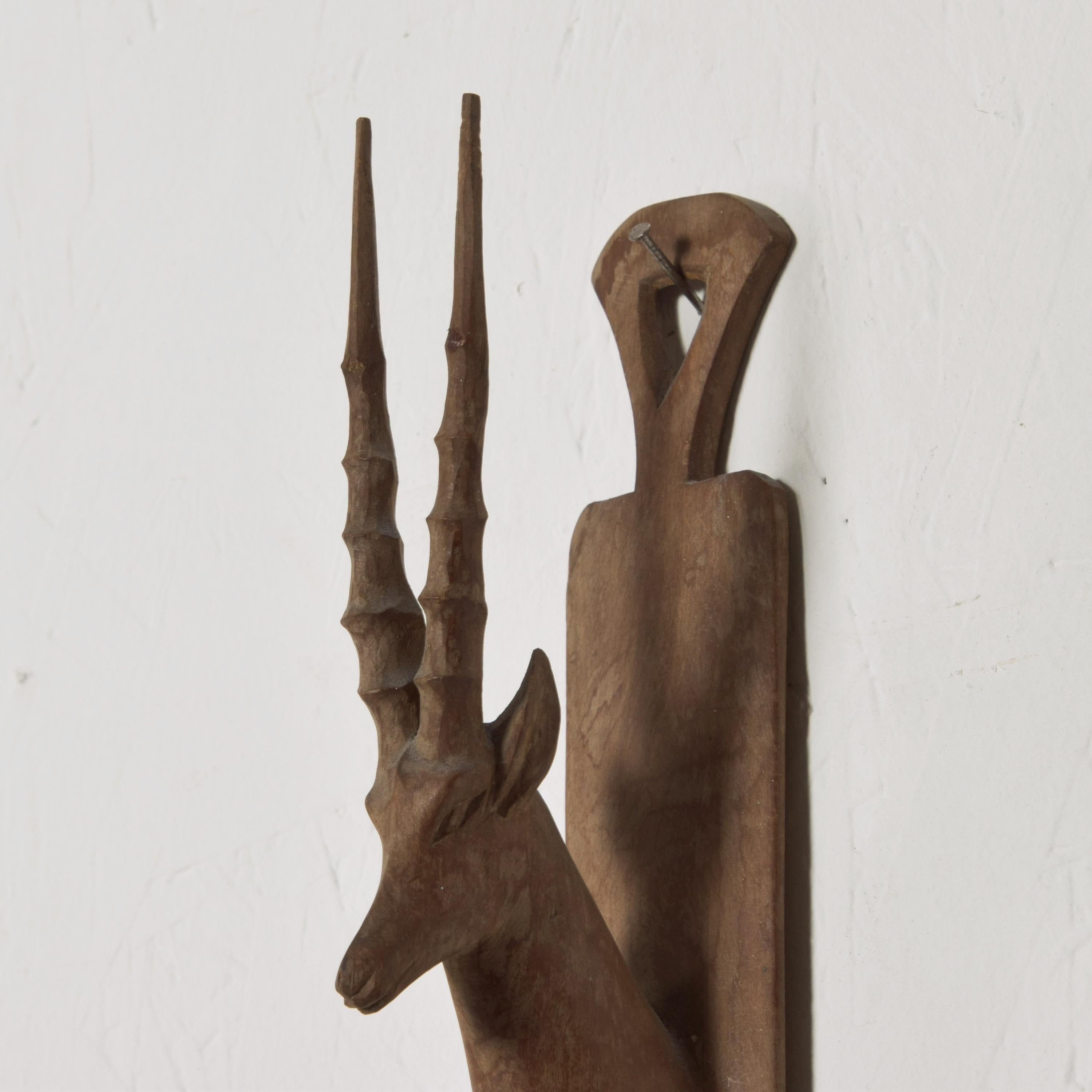 Unknown Majestic Ibex Antler Hand Carved Solid Walnut Wood Sculpture Wall Art, 1970s
