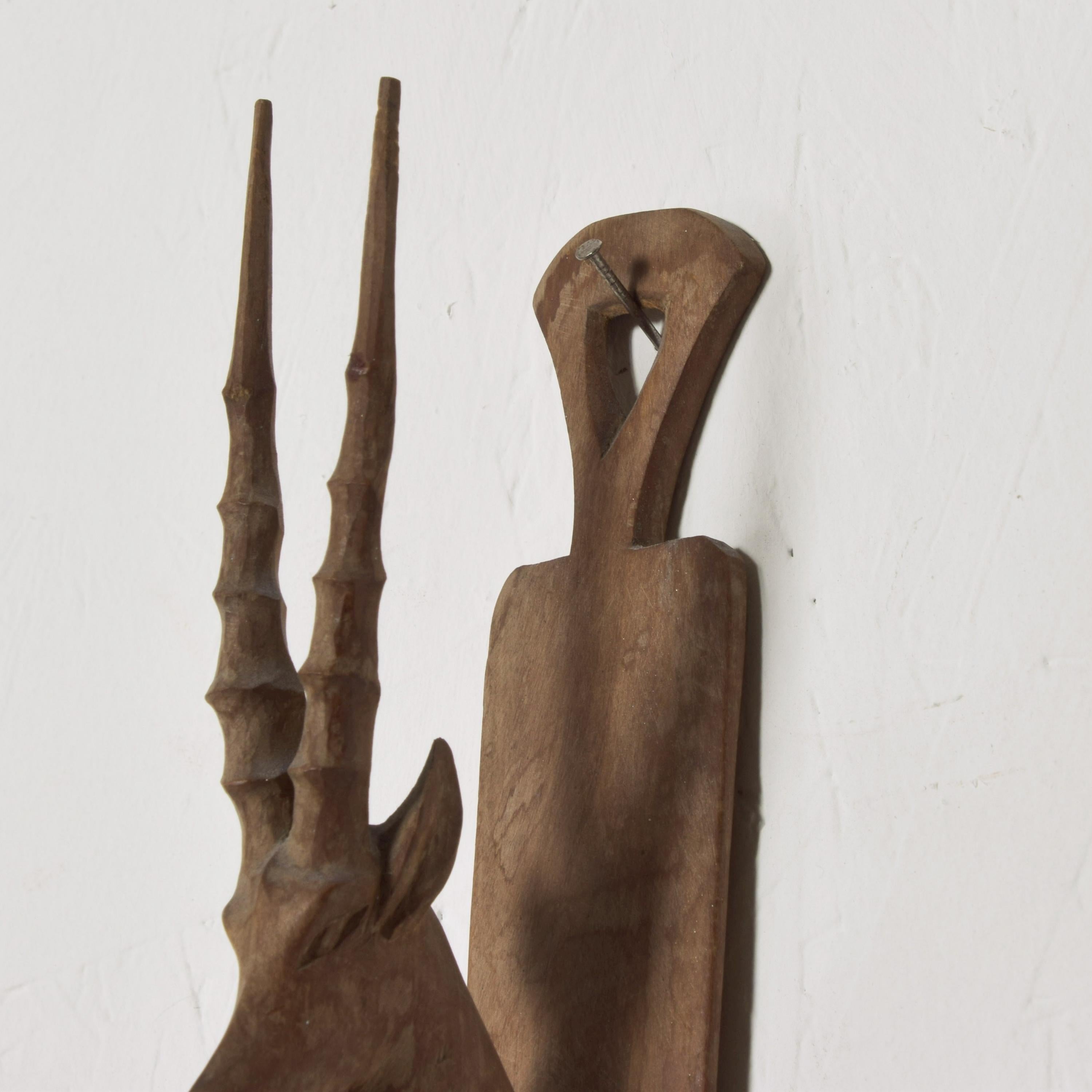 Late 20th Century Majestic Ibex Antler Hand Carved Solid Walnut Wood Sculpture Wall Art, 1970s