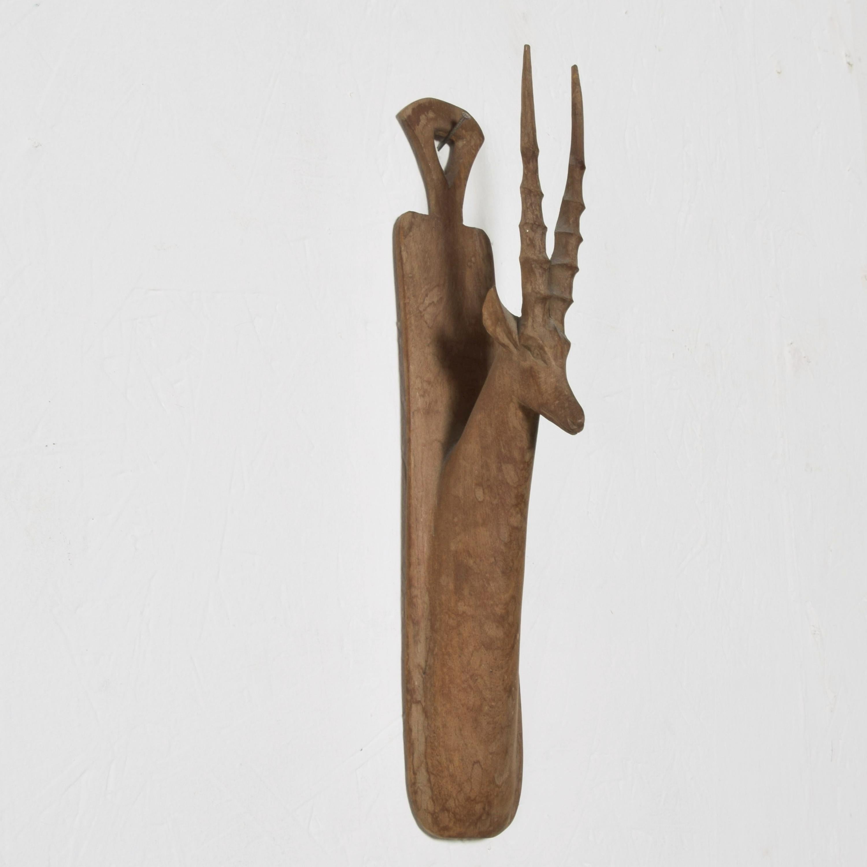 Majestic Ibex Antler Hand Carved Solid Walnut Wood Sculpture Wall Art, 1970s 1