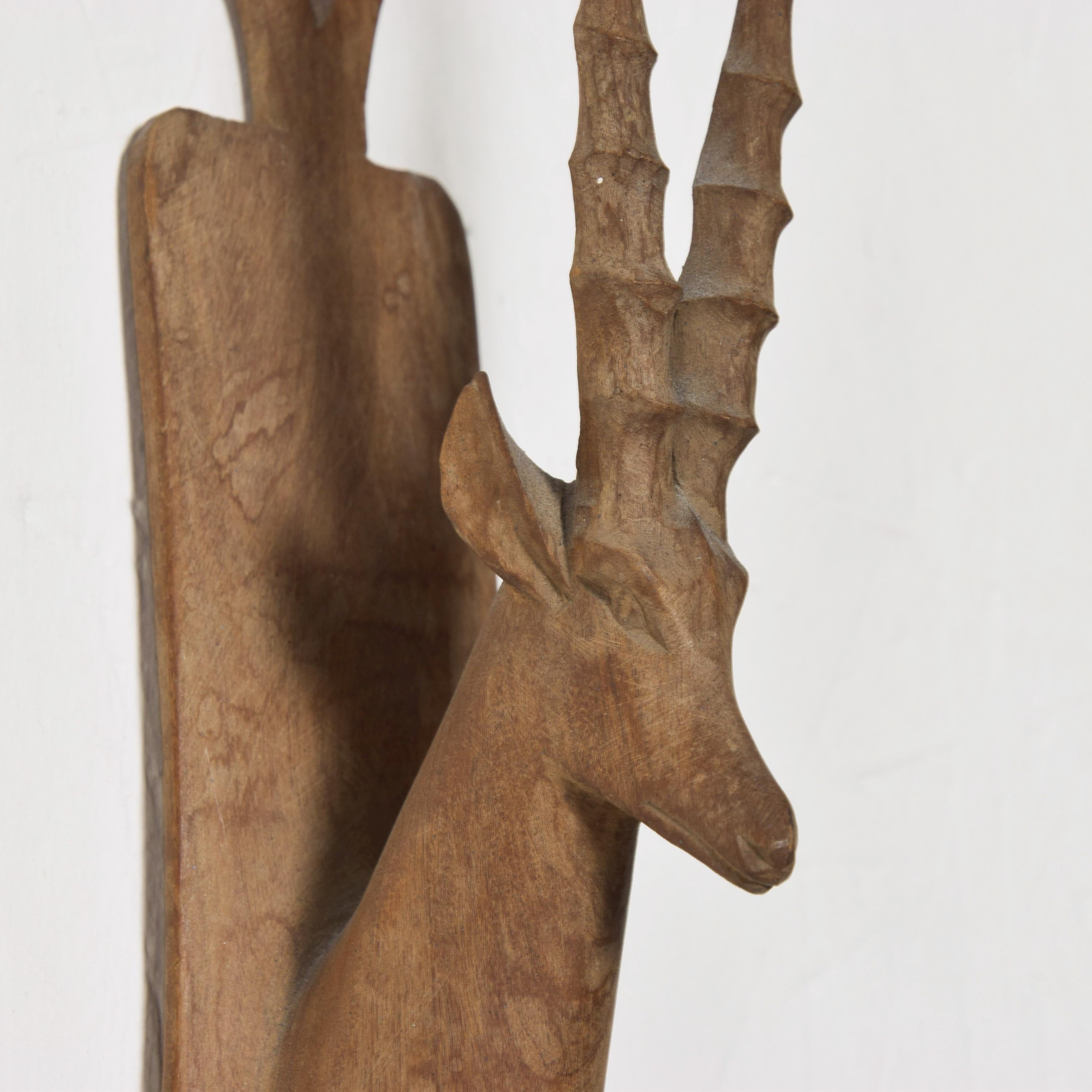 Majestic Ibex Antler Hand Carved Solid Walnut Wood Sculpture Wall Art, 1970s 3