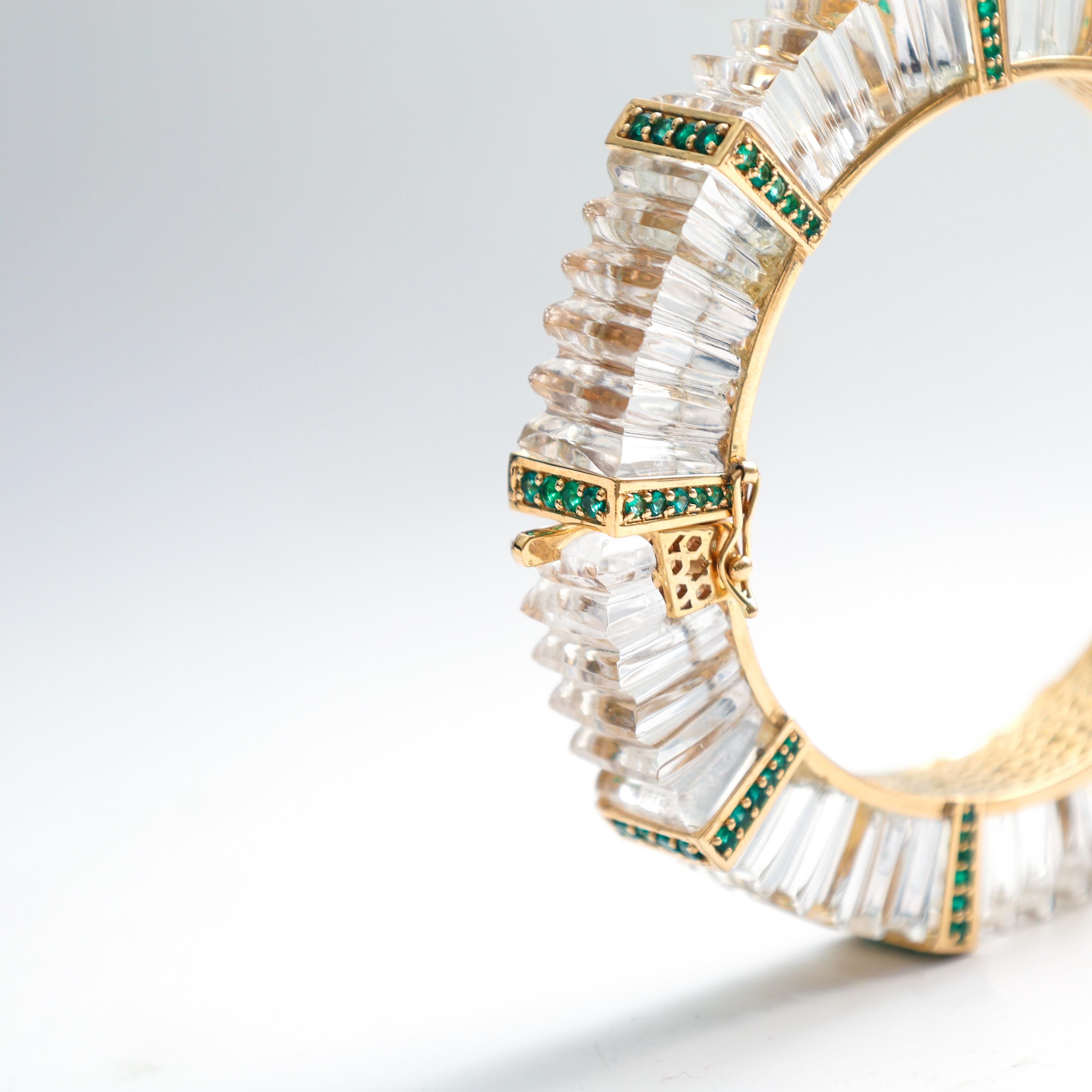 Rough Cut Majestic Oasis Bangle in 14K Gold with Round Emeralds & Carved Crystal Quartz For Sale