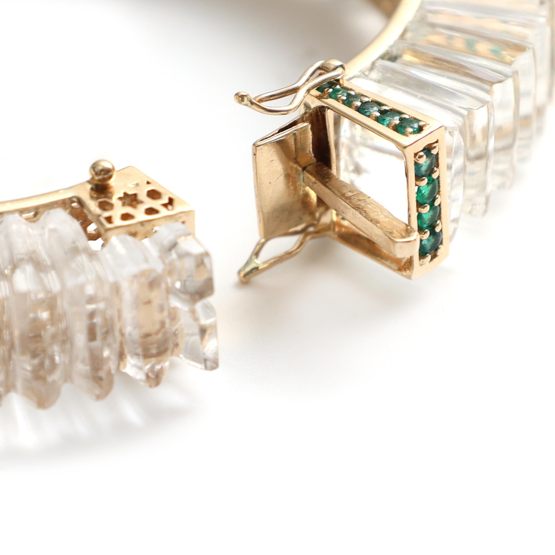 Women's Majestic Oasis Bangle in 14K Gold with Round Emeralds & Carved Crystal Quartz For Sale