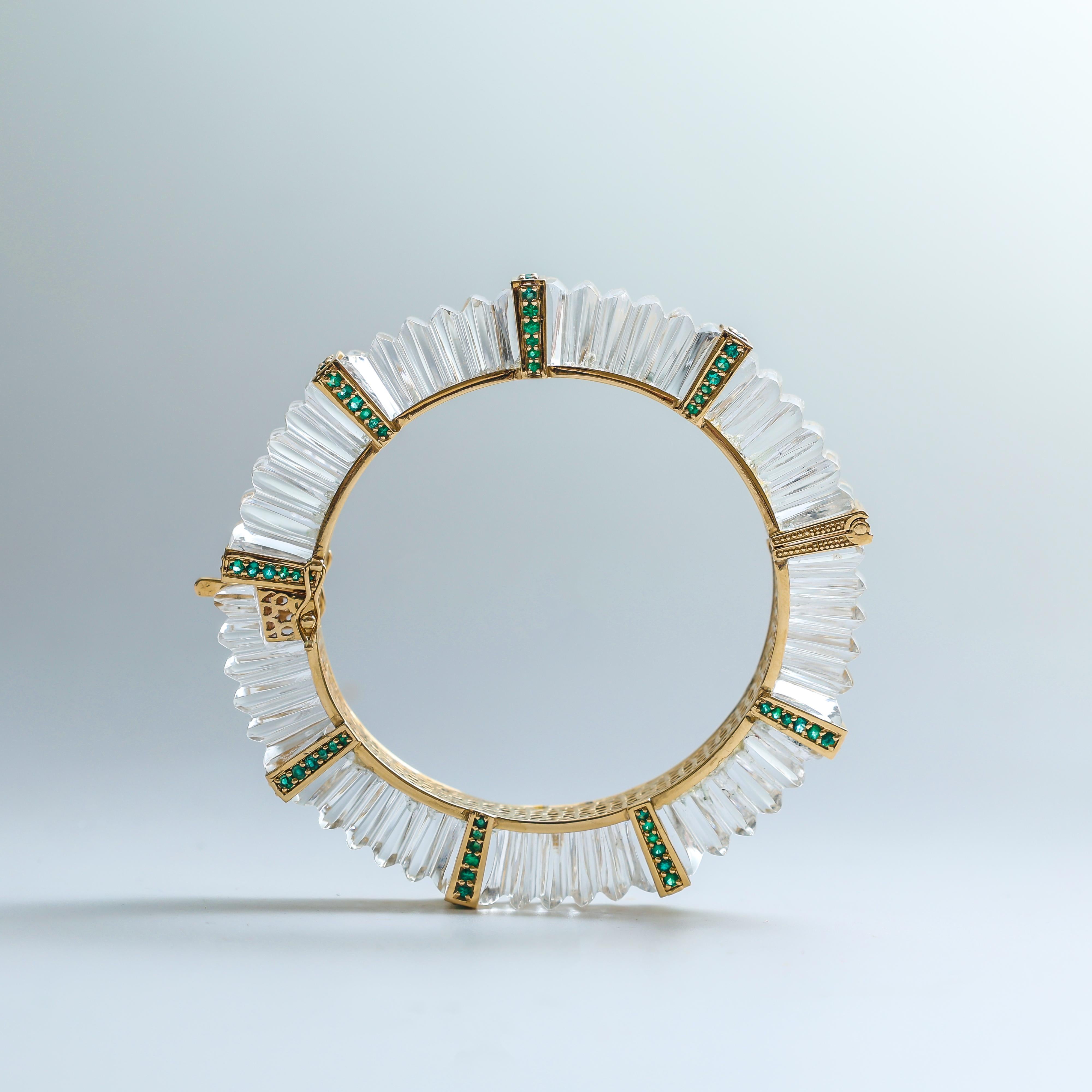 Majestic Oasis Bangle in 14K Gold with Round Emeralds & Carved Crystal Quartz For Sale 1