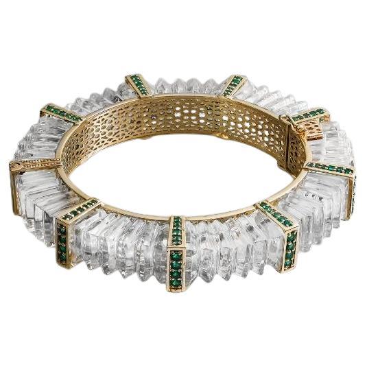 Majestic Oasis Bangle in 14K Gold with Round Emeralds & Carved Crystal Quartz For Sale