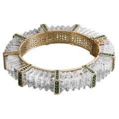Majestic Oasis Bangle in 14K Gold with Round Emeralds & Carved Crystal Quartz