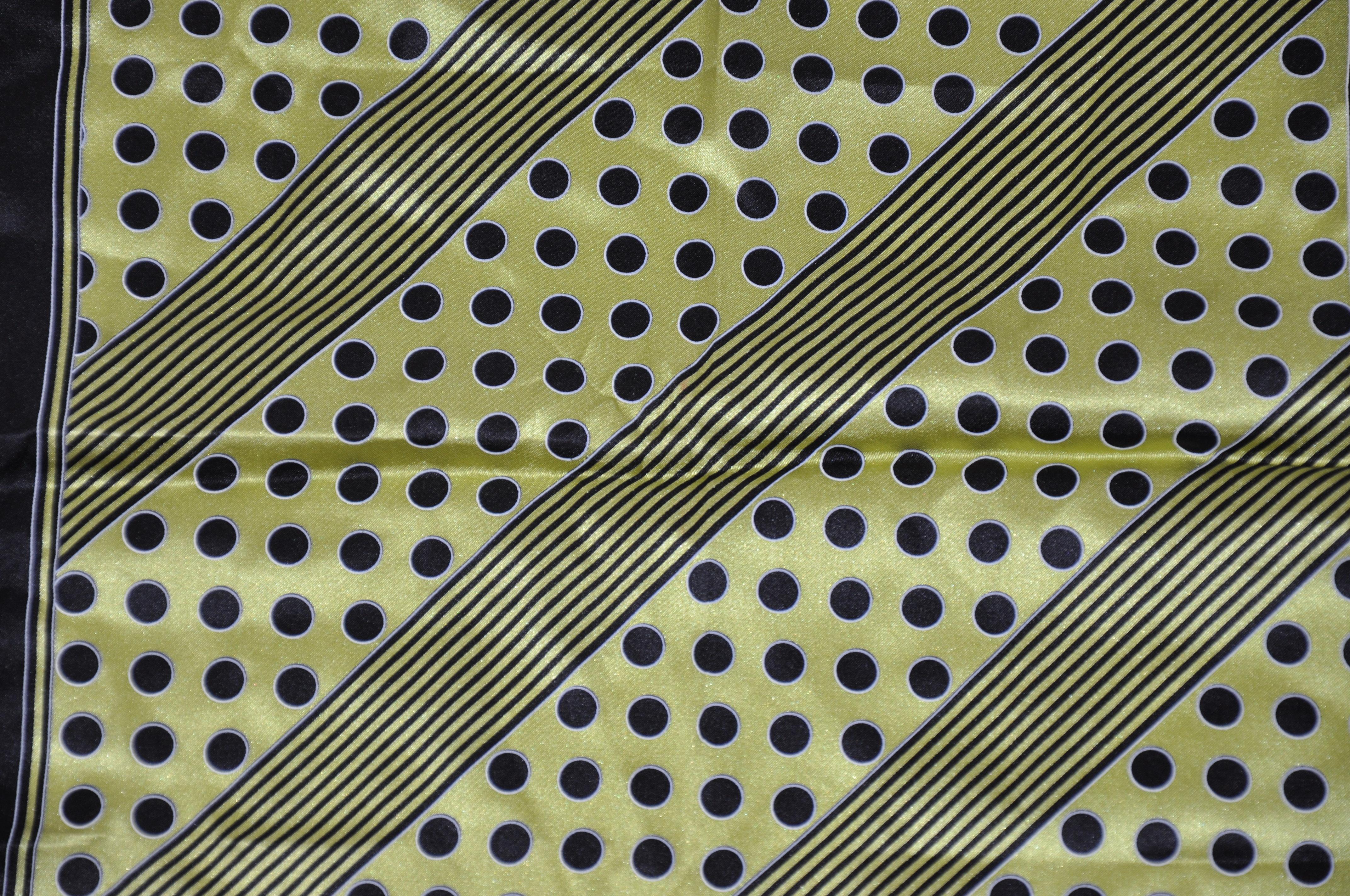 Majestic Olive Green & Black Polka Dots and Stripes Silk Handkerchief In Good Condition For Sale In New York, NY