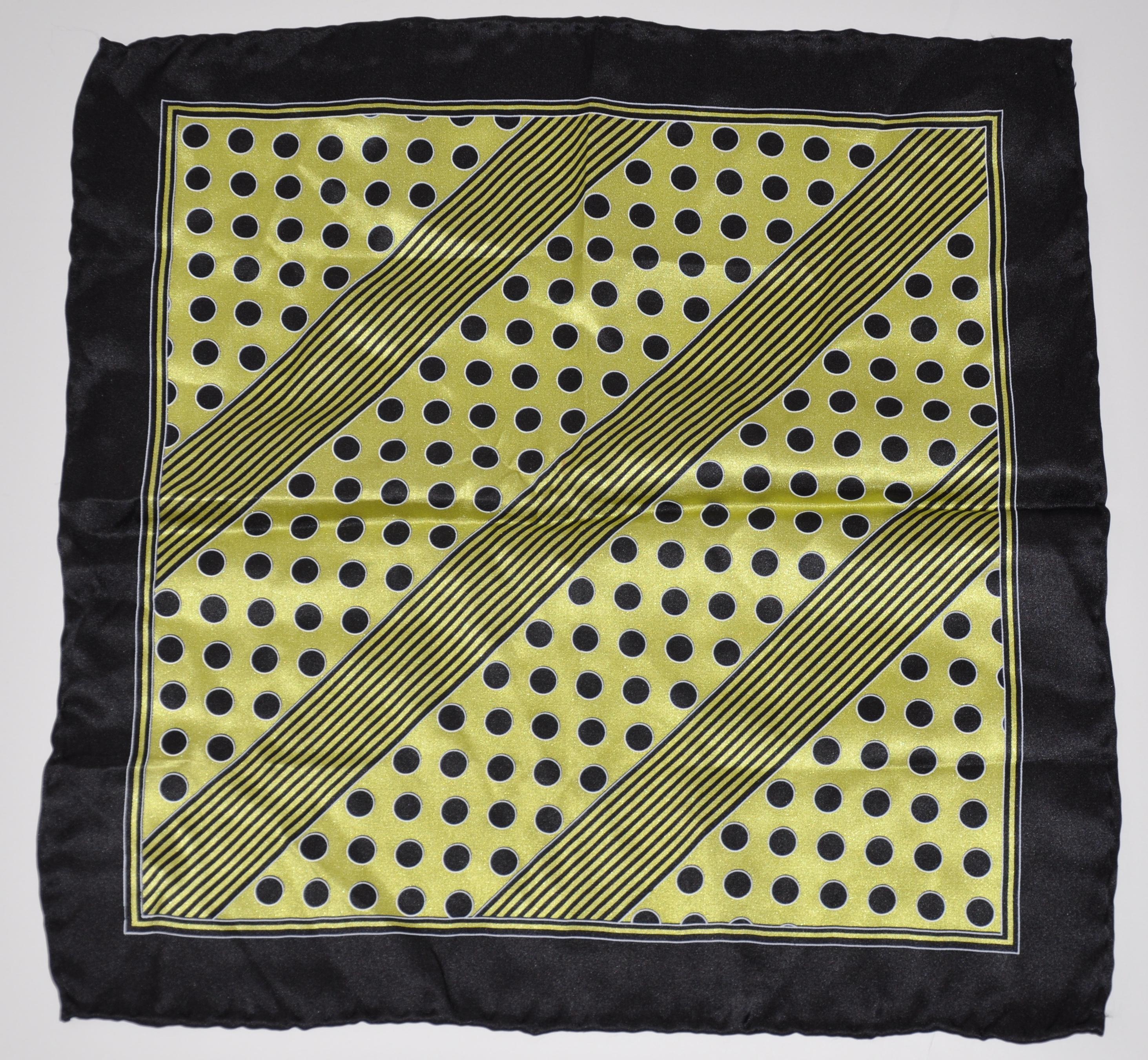 Women's or Men's Majestic Olive Green & Black Polka Dots and Stripes Silk Handkerchief For Sale