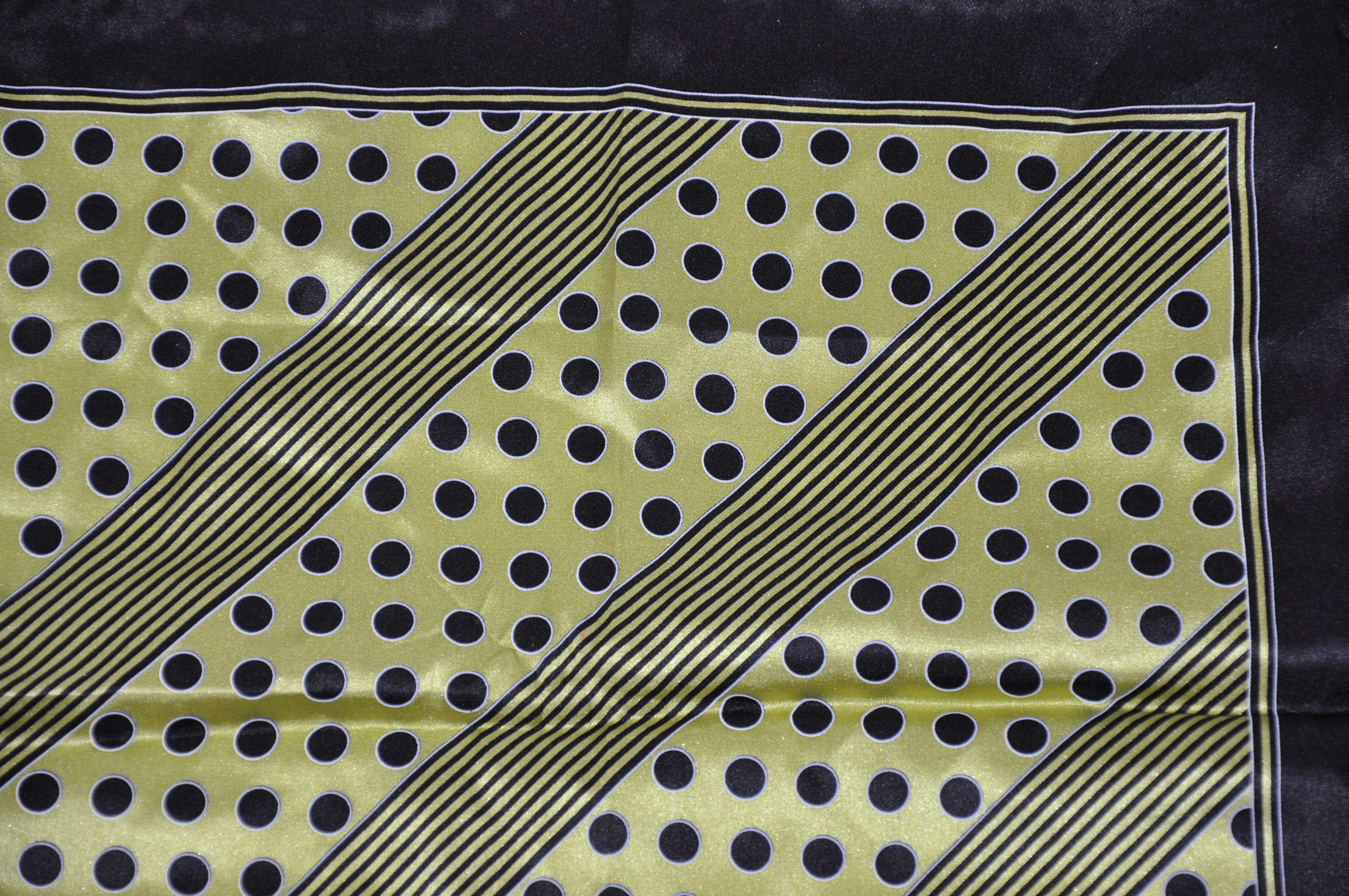 Majestic Olive Green & Black Polka Dots and Stripes Silk Handkerchief For Sale 1