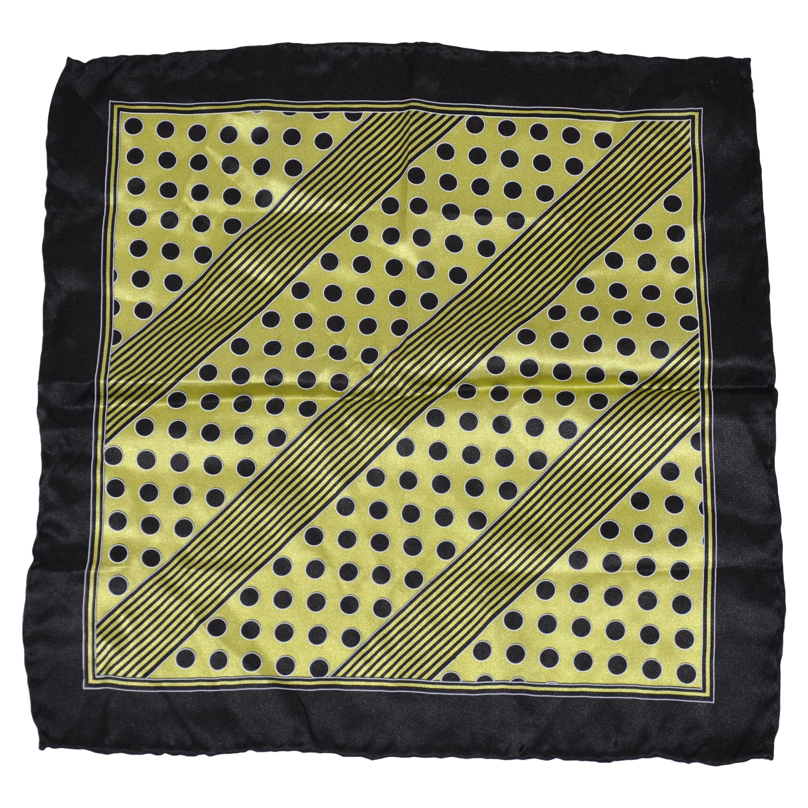 Majestic Olive Green & Black Polka Dots and Stripes Silk Handkerchief For Sale