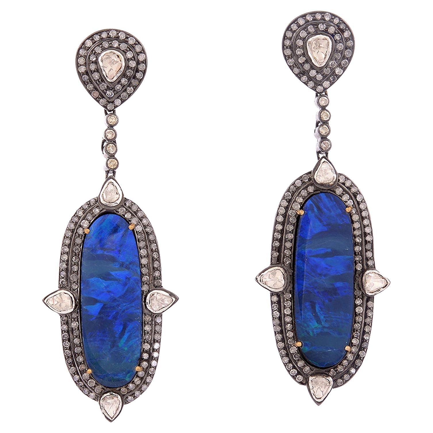 Majestic Opal and Diamond Victorian-Style Statement Drop Earrings In 18k Gold For Sale