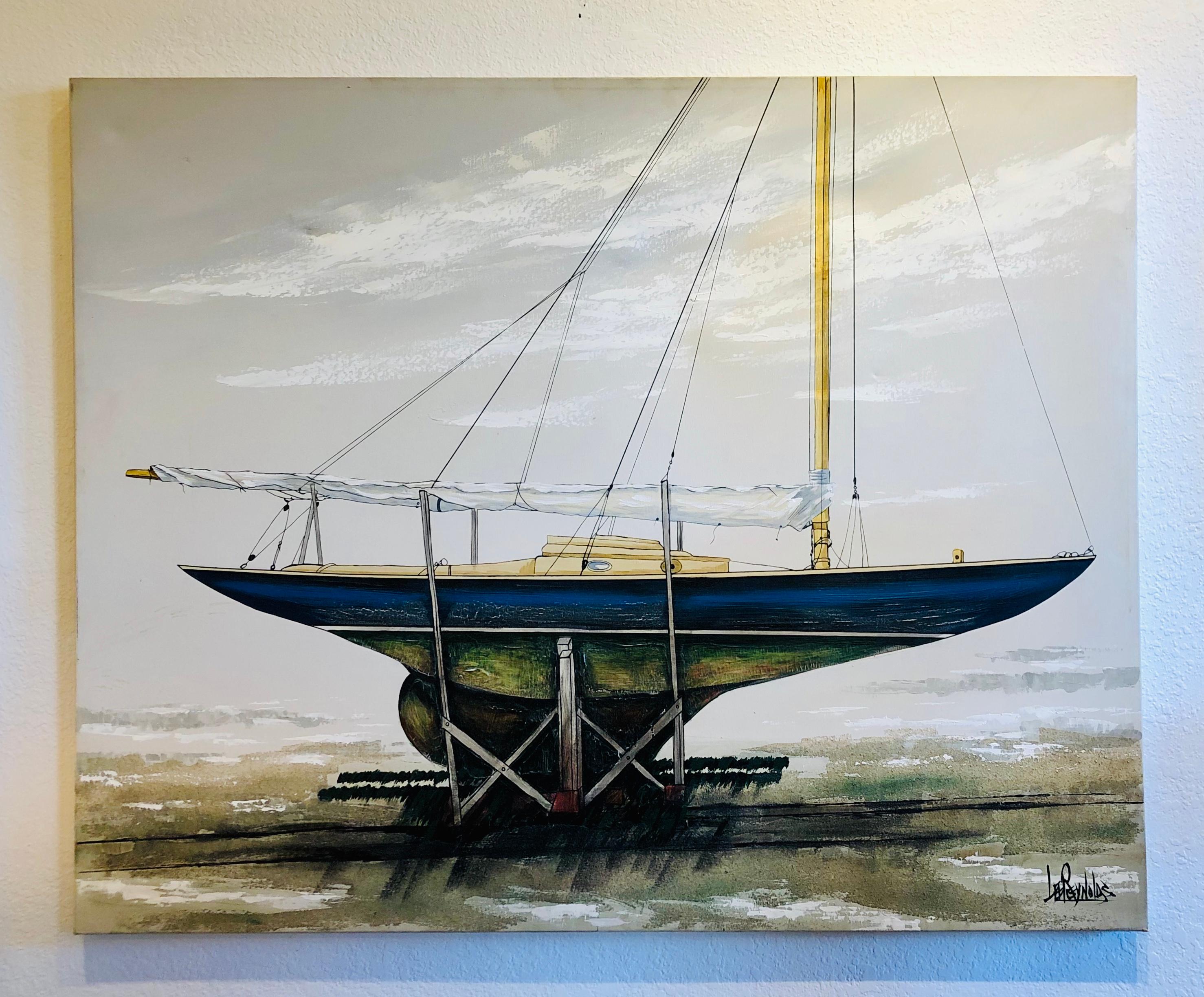 Nice X-large original sailboat oil on canvas by Lee Reynolds, circa 1980s well done piece a tiny tear as shown an a corner tear as shown unframed sold as is.