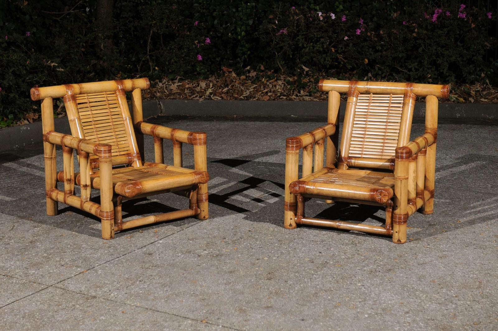 Majestic Pair of Bamboo Pagoda Loungers with Ottomans by Budji Layug, circa 1980 For Sale 1