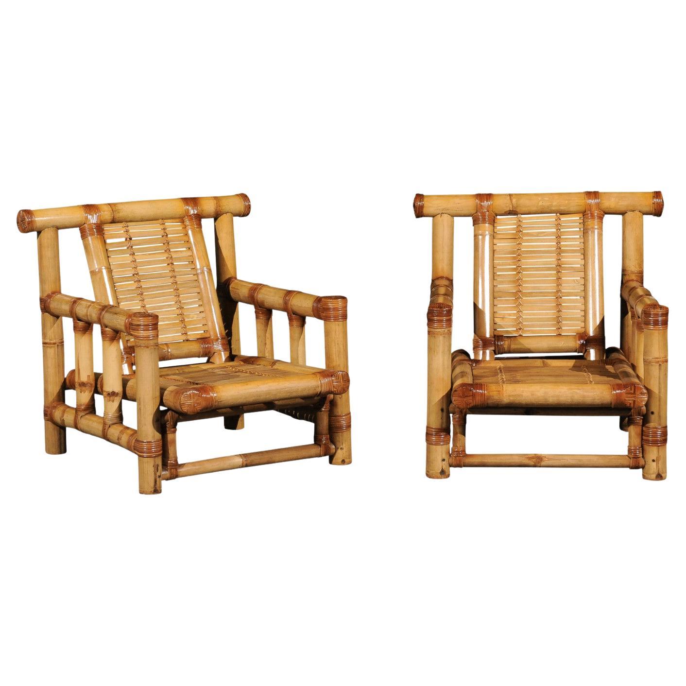 Majestic Pair of Bamboo Pagoda Loungers with Ottomans by Budji Layug, circa 1980
