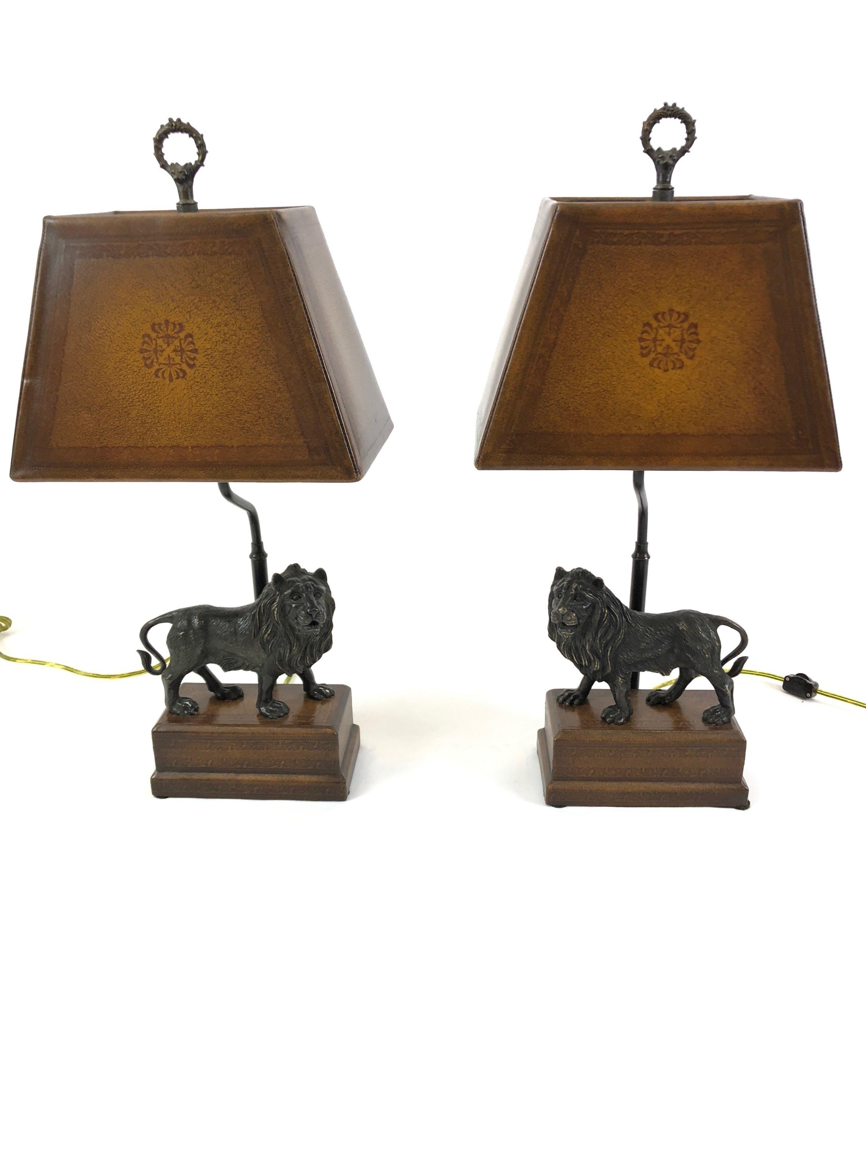 Majestic Pair of Bronze Lion Table Lamps with Leather Shades 2