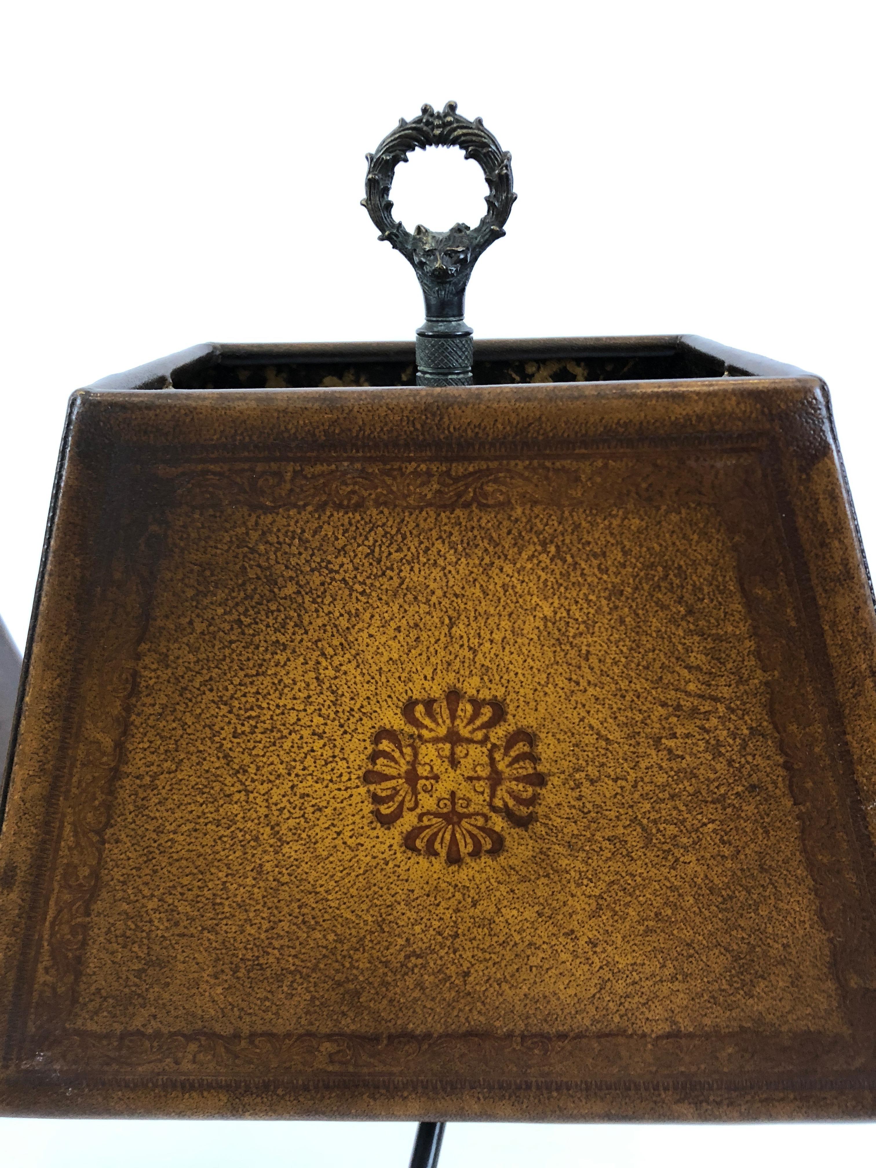 American Majestic Pair of Bronze Lion Table Lamps with Leather Shades