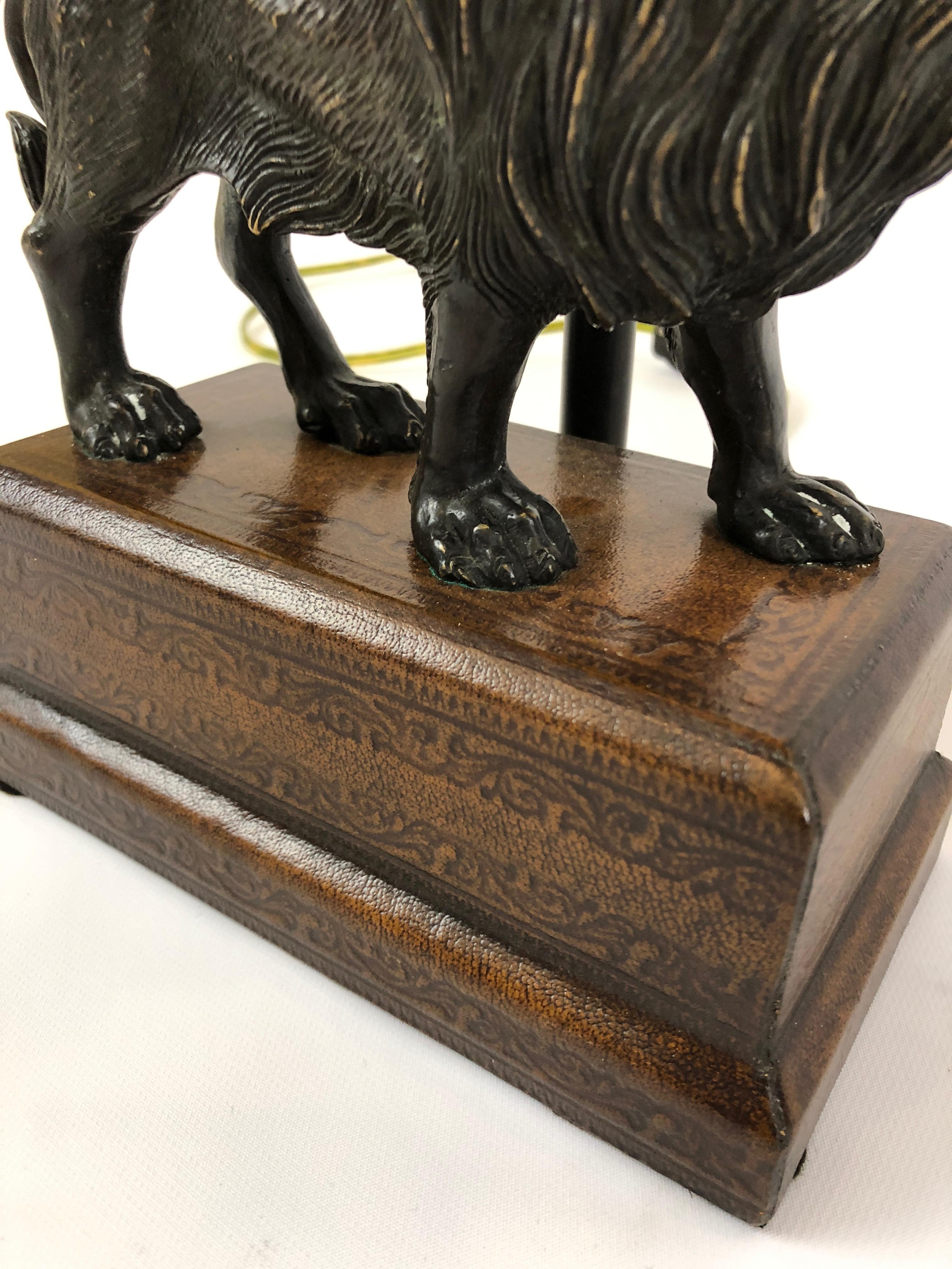 Majestic Pair of Bronze Lion Table Lamps with Leather Shades In Excellent Condition In Hopewell, NJ
