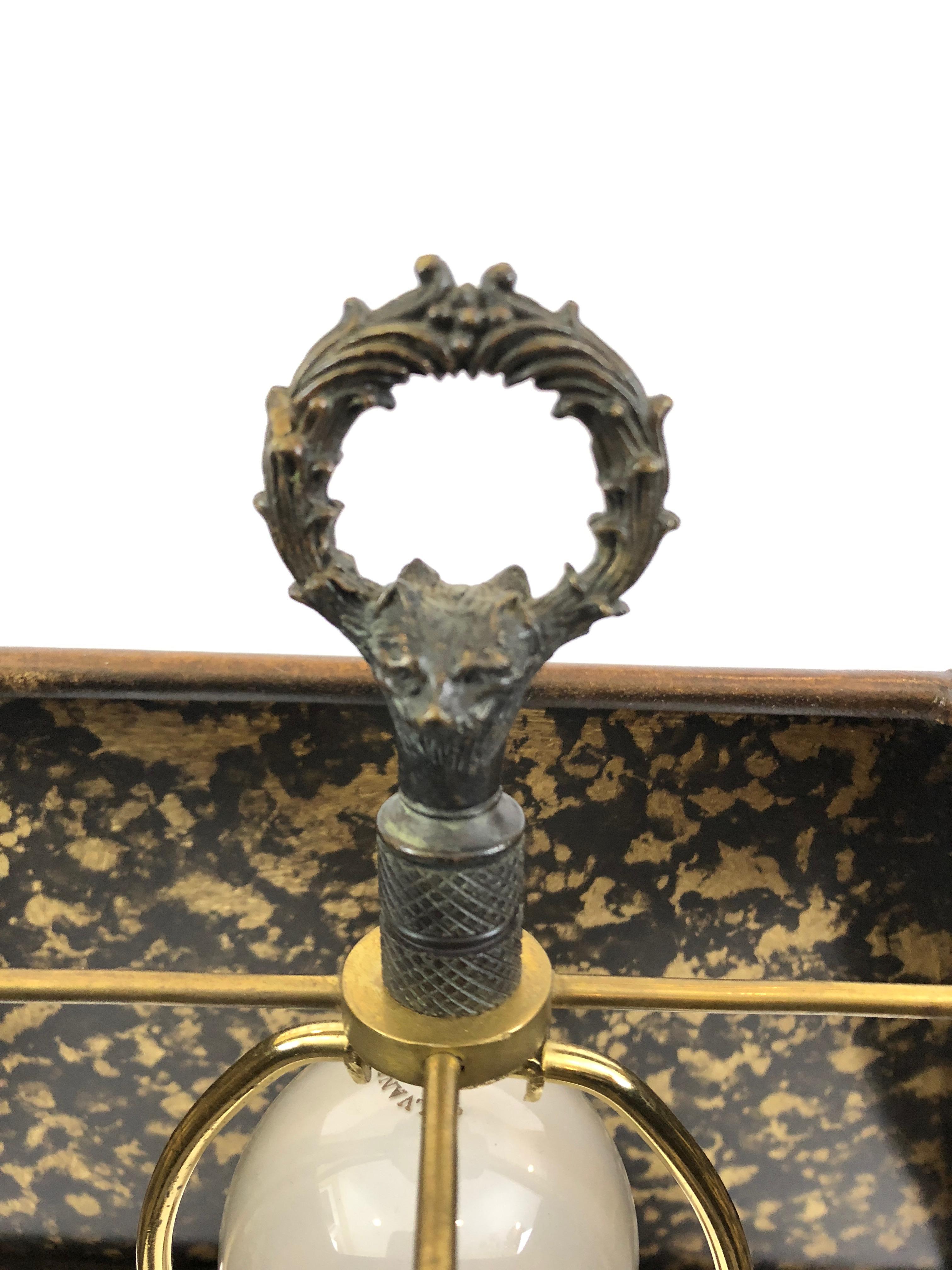Late 20th Century Majestic Pair of Bronze Lion Table Lamps with Leather Shades