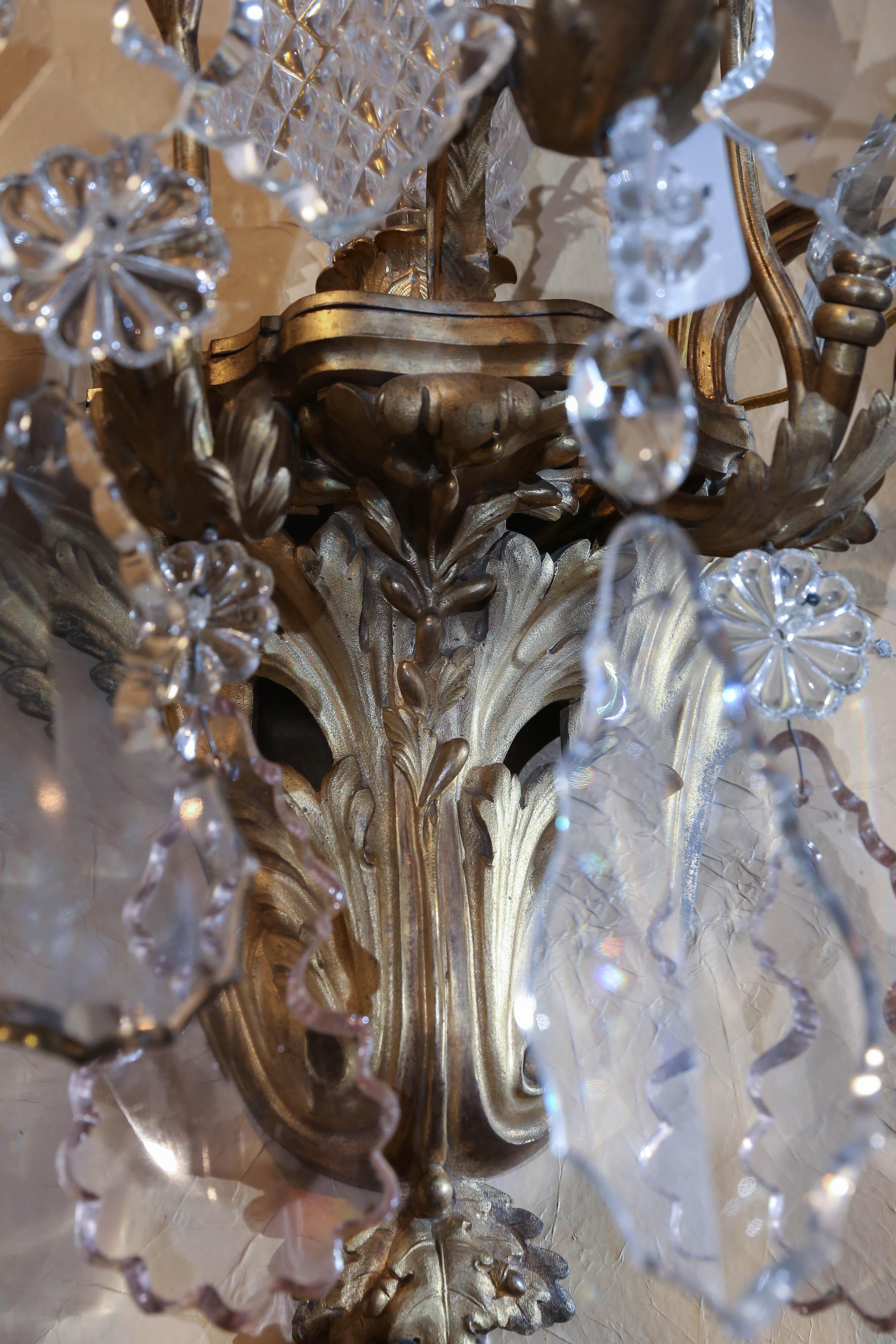 Majestic Pair of French Bronze Sconces, Late 19th Century with Baccarat Crystal For Sale 3