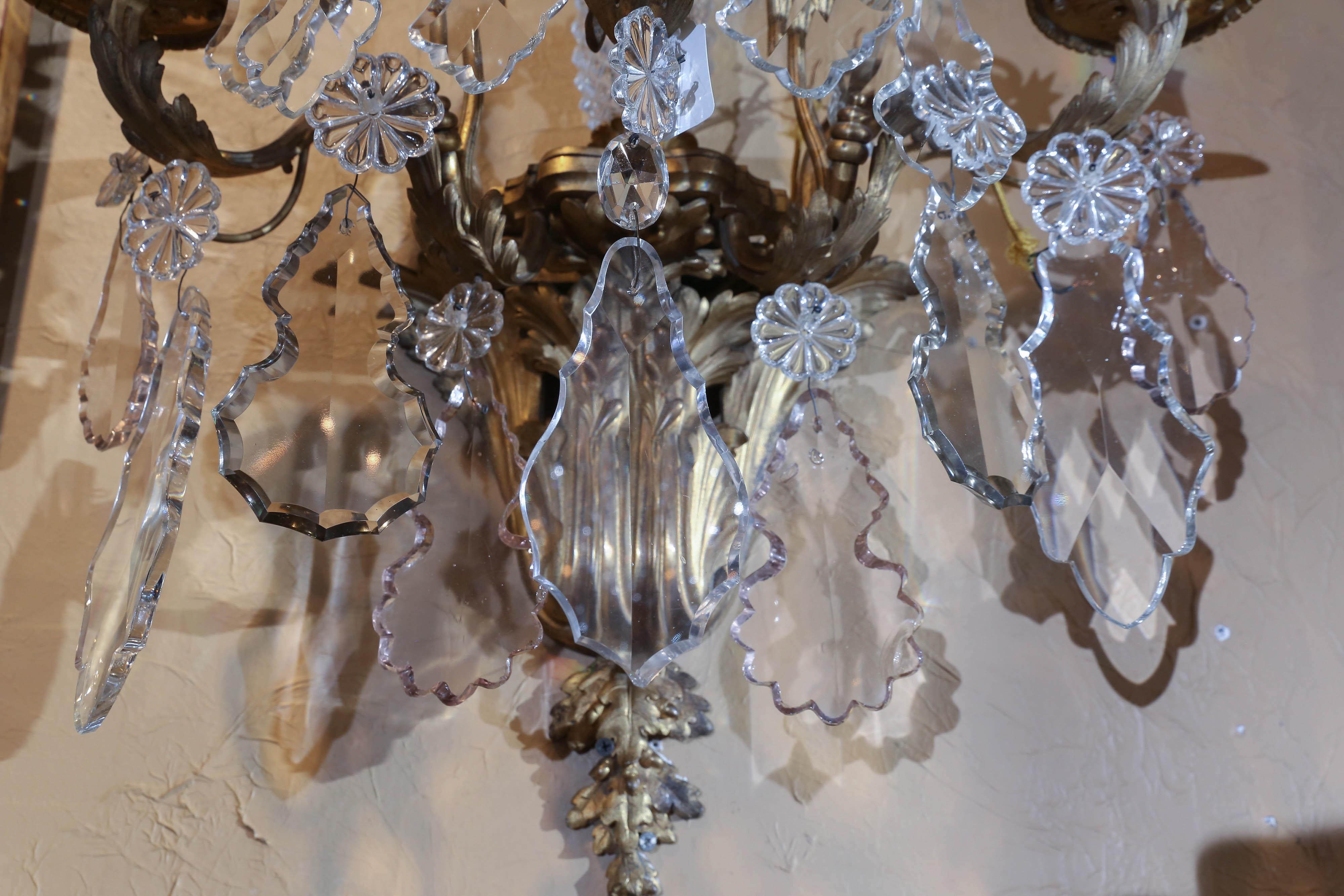 Majestic Pair of French Bronze Sconces, Late 19th Century with Baccarat Crystal For Sale 5