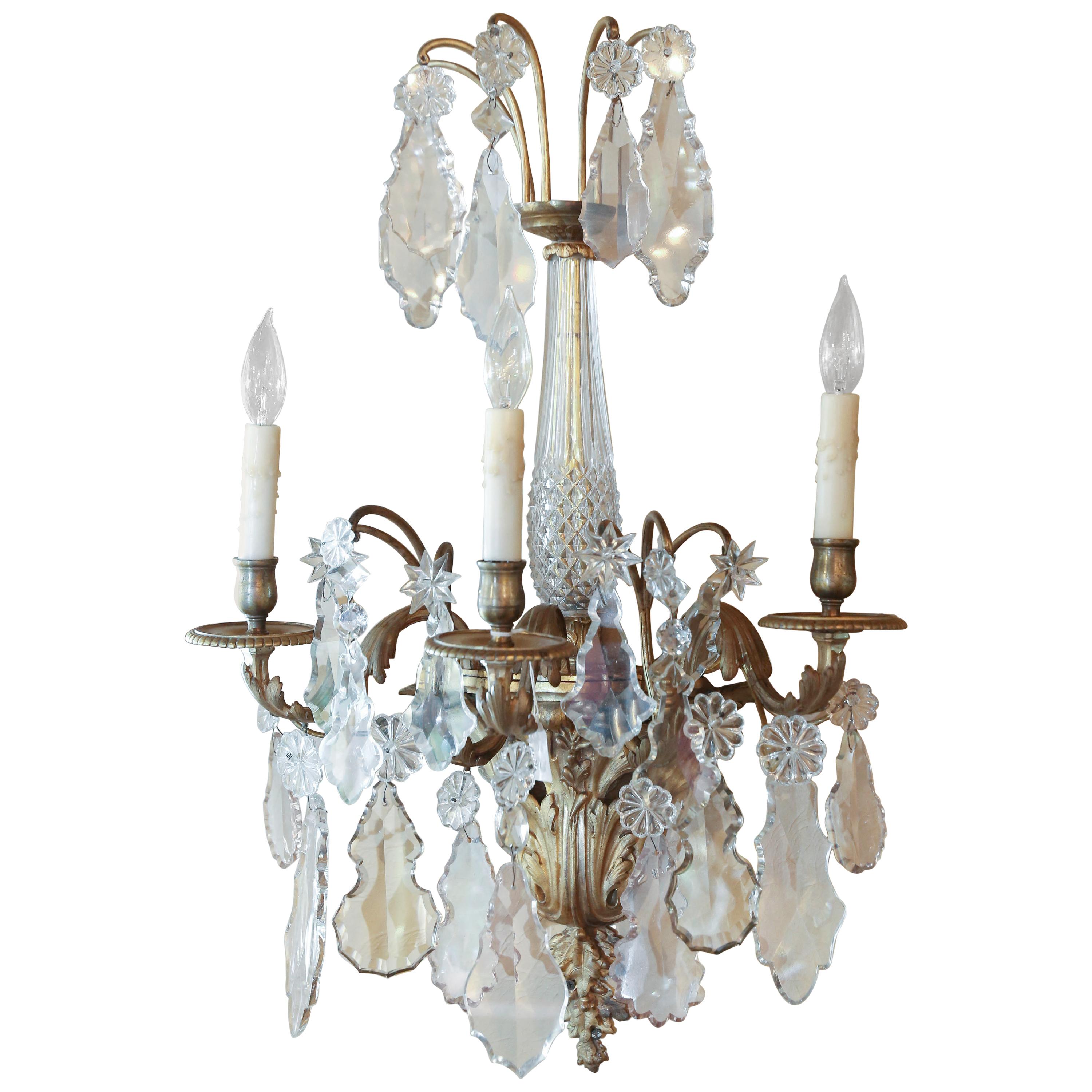 Majestic Pair of French Bronze Sconces, Late 19th Century with Baccarat Crystal For Sale