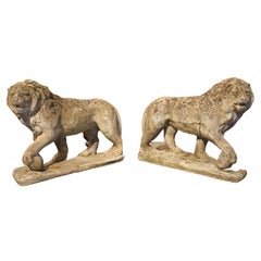 Majestic Pair of Nicely Weathered Cast Walking Lions, England Circa 1960