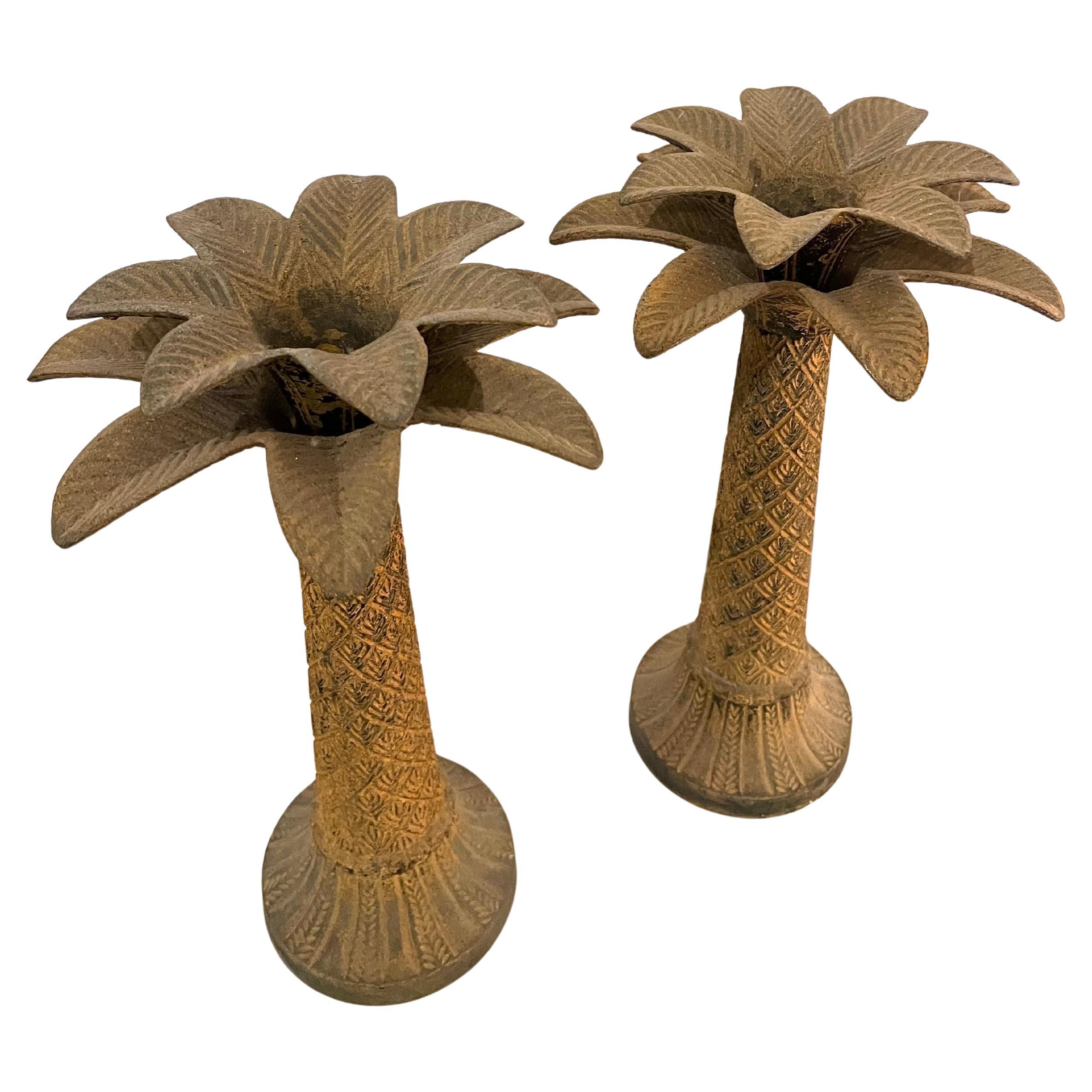 American Majestic Pair Of Tall Patinated Rustic Metal Palm Tree Candle Stick Holders For Sale