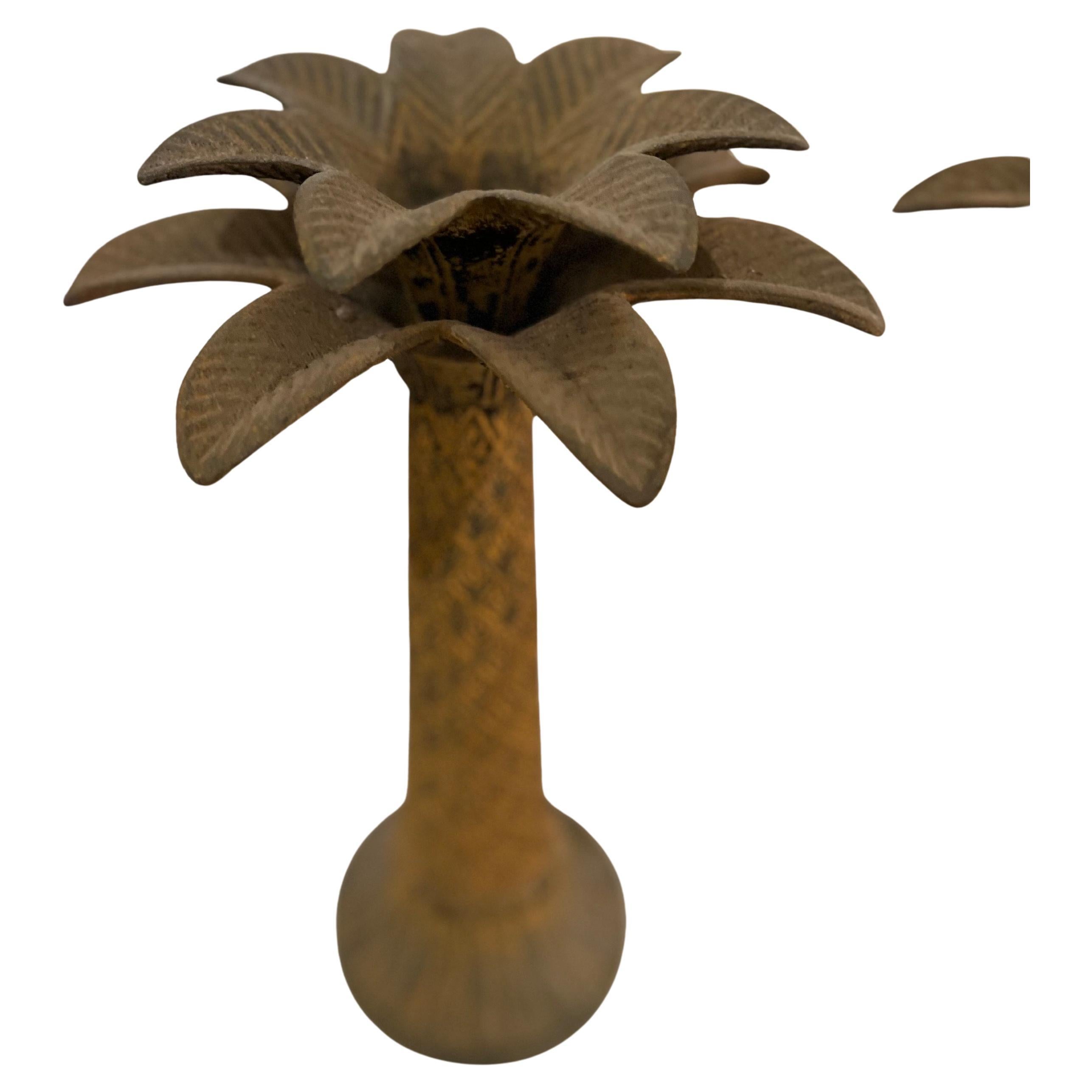 Majestic Pair Of Tall Patinated Rustic Metal Palm Tree Candle Stick Holders In Good Condition For Sale In San Diego, CA