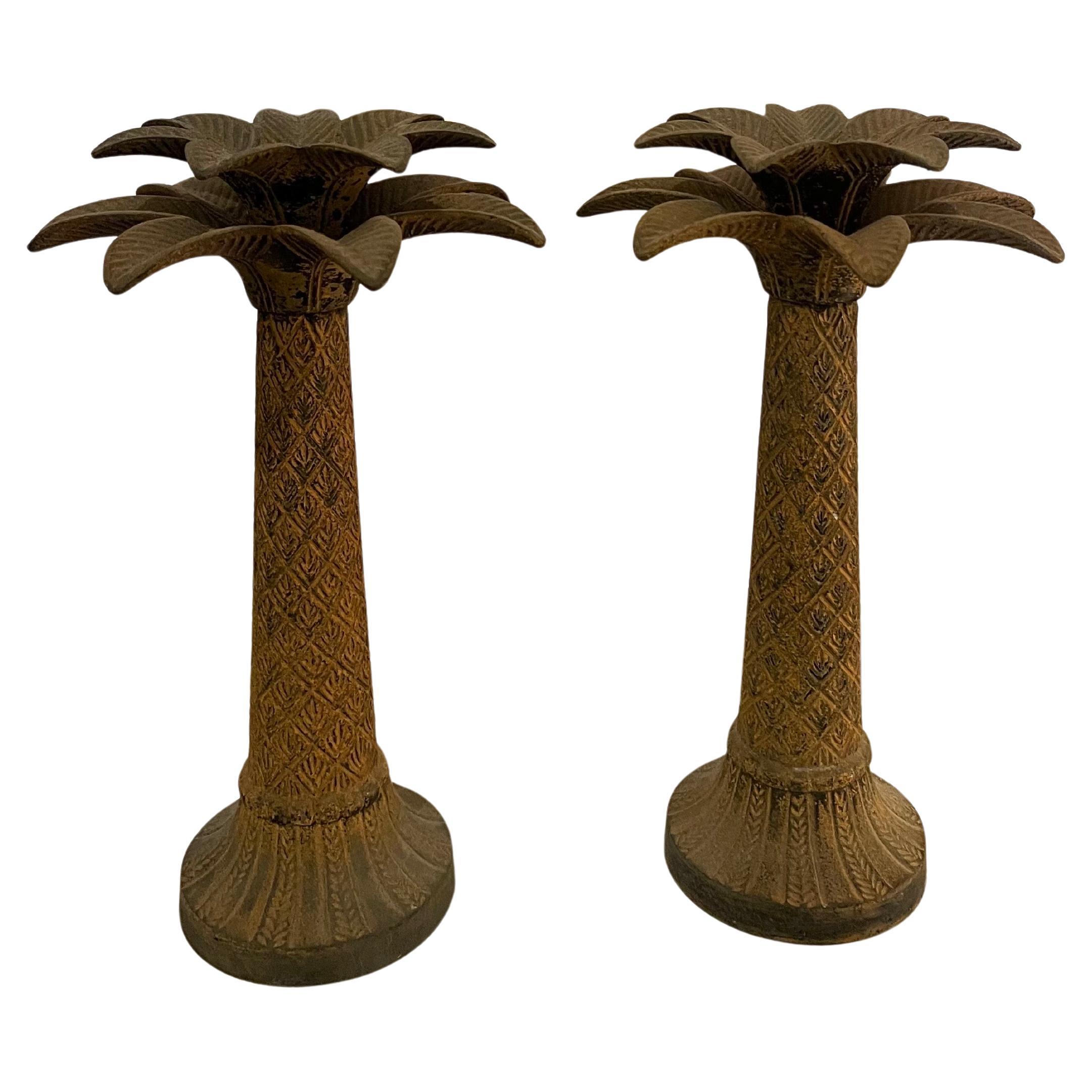20th Century Majestic Pair Of Tall Patinated Rustic Metal Palm Tree Candle Stick Holders For Sale