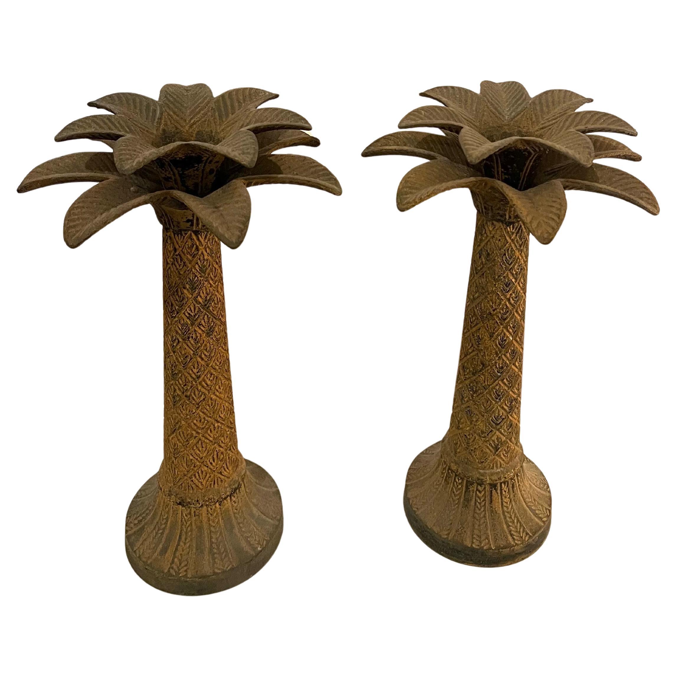 Majestic Pair Of Tall Patinated Rustic Metal Palm Tree Candle Stick Holders For Sale 1