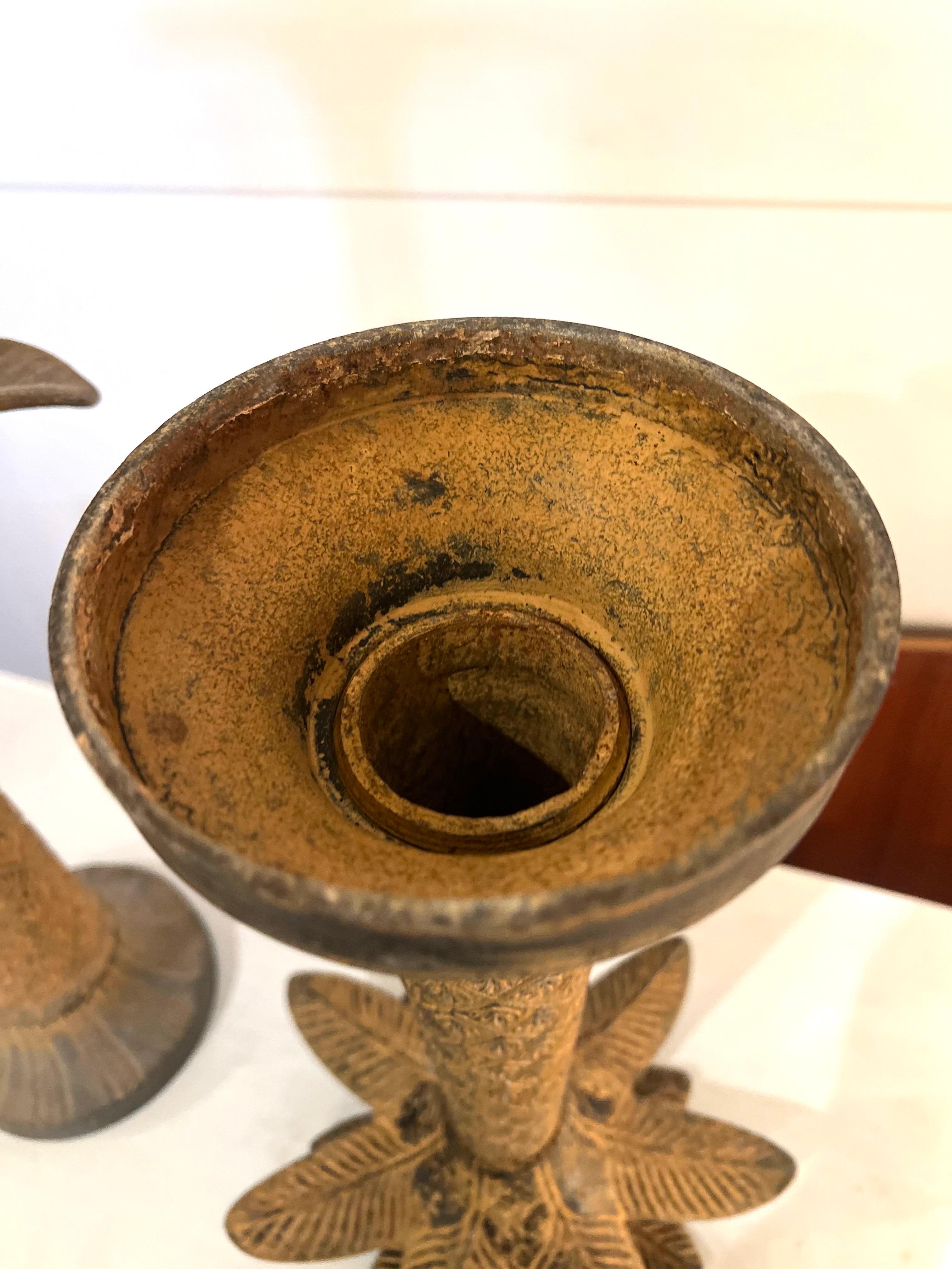 Majestic Pair Of Tall Patinated Rustic Metal Palm Tree Candle Stick Holders For Sale 2
