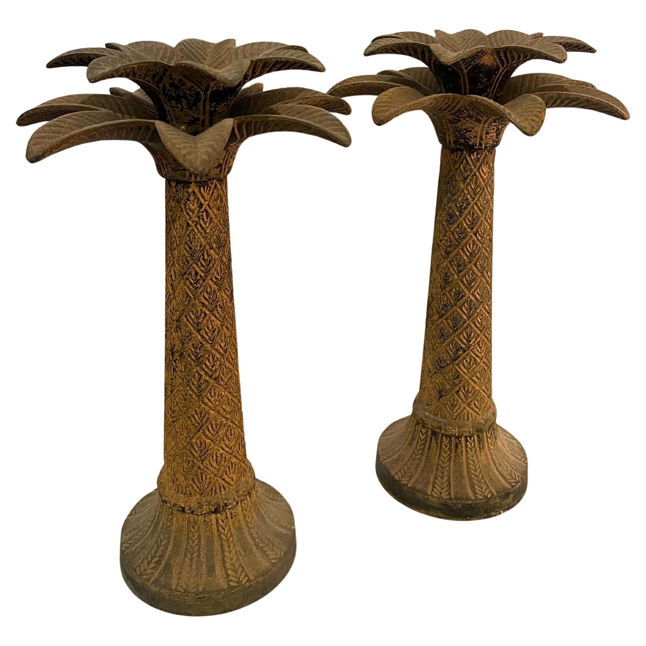 Majestic Pair Of Tall Patinated Rustic Metal Palm Tree Candle Stick Holders